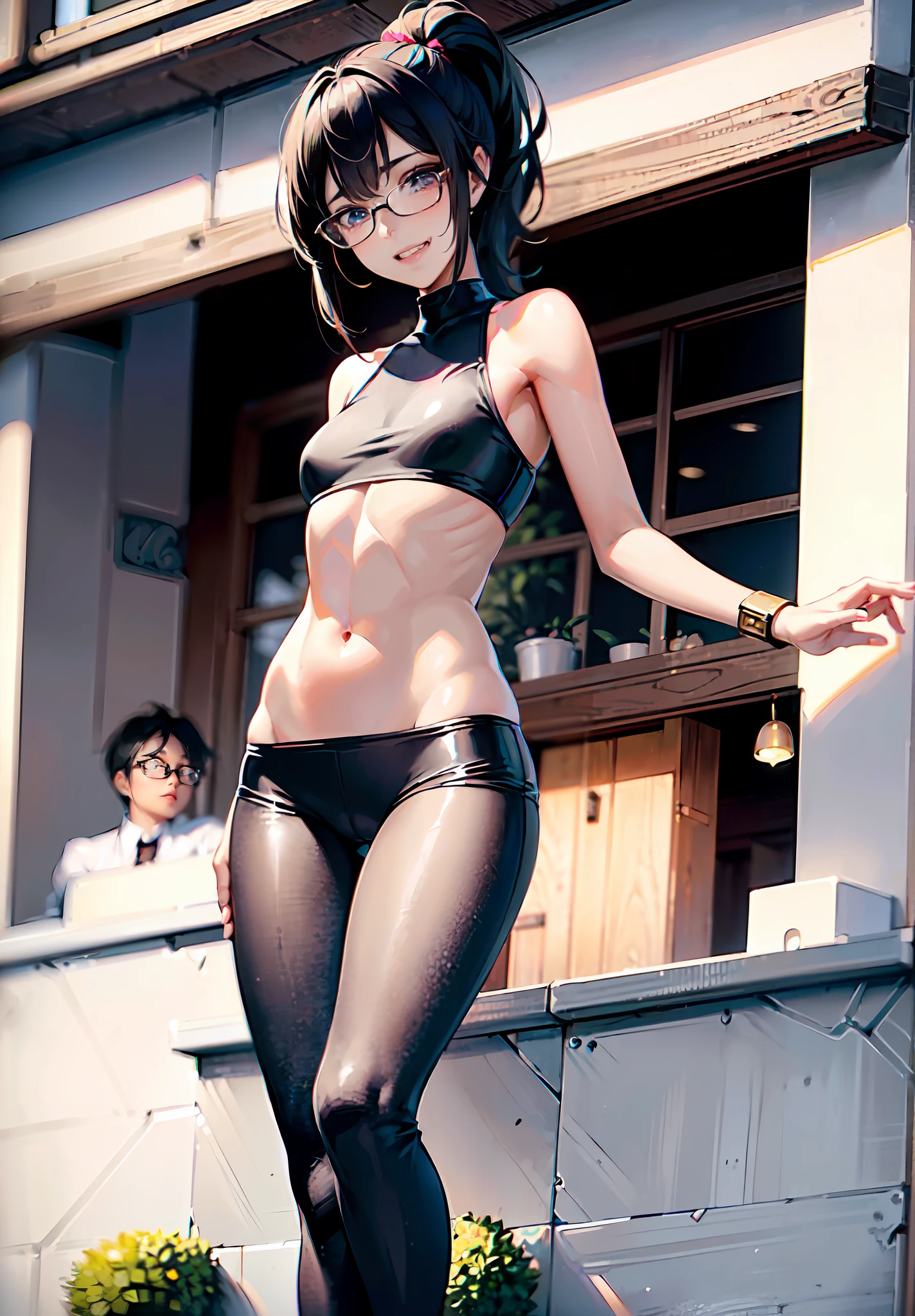 ((Angle from below)),(outside of house、athletic field:1.3)、A MILF,1 girl,Solo,(Full body),?masutepiece?Detailed beautiful face,Detailed beautiful eyes,hight resolution,Beautiful lighting,An ultra-fine illustrations,Extremely delicate and beautiful,top-quality,Slender and perfect style woman,((Poses to seduce,Obscene poses)),Head tilt,(The eyes are detailed and beautiful、tareme:1.3),Curvaceous,((grin)),(shinny hair, Glossy eyes, shinny skin), (glistning skin:1.3) ,Watch your audience,(Glasses :1.3),under the boobs,blushed,Blushing cheeks,(darkskinned),(Running form:1.3、turtle neck),(leggins、Trenka、spats),The navel is visible,(small tits),(Black hair,hime-cut,High Ponytail、short-cut:1.2),abdominals:1.3,elbow groves、espadrilles