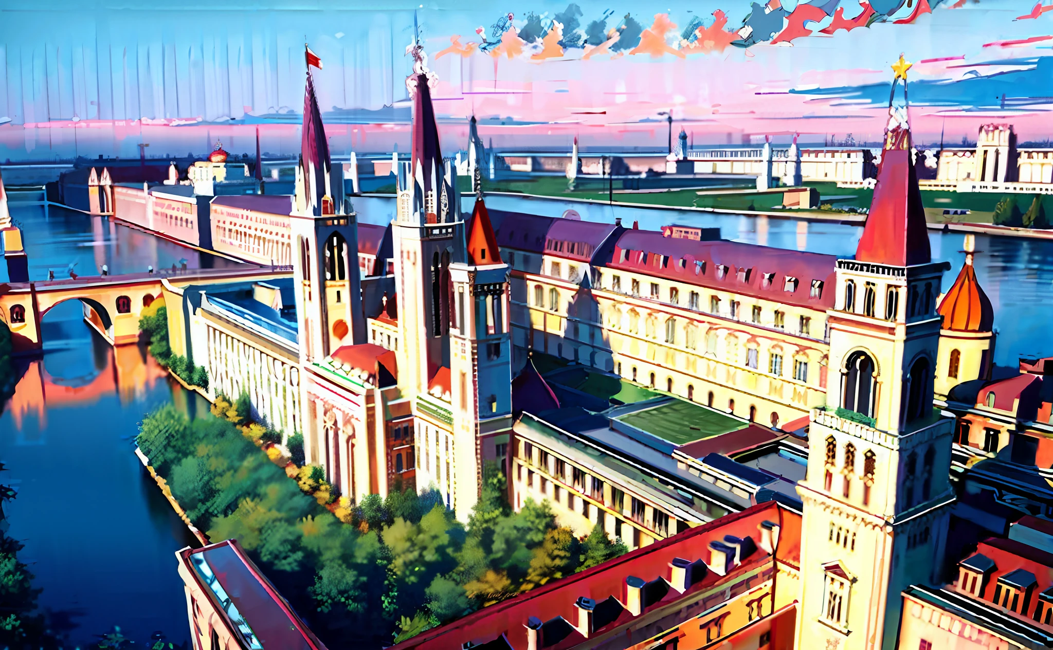 Soviet Socialist Union,wide wide shot,Palace of Soviets,setting sun,The river extends to the horizon,epic sense,Sense of grandeur