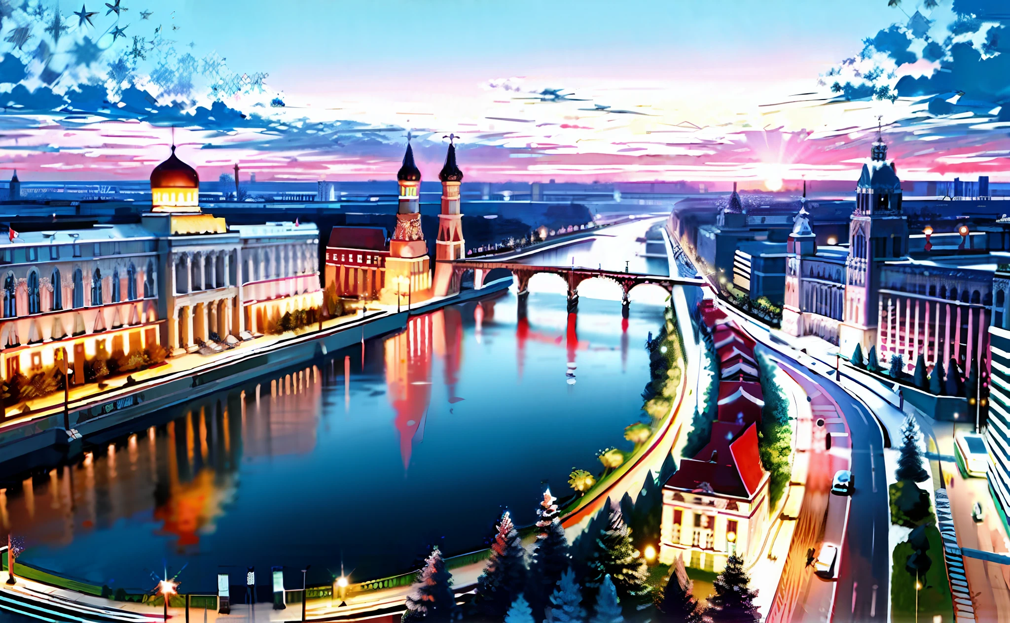 Soviet Socialist Union,wide wide shot,Palace of Soviets,setting sun,The river extends to the horizon,epic sense,Sense of grandeur