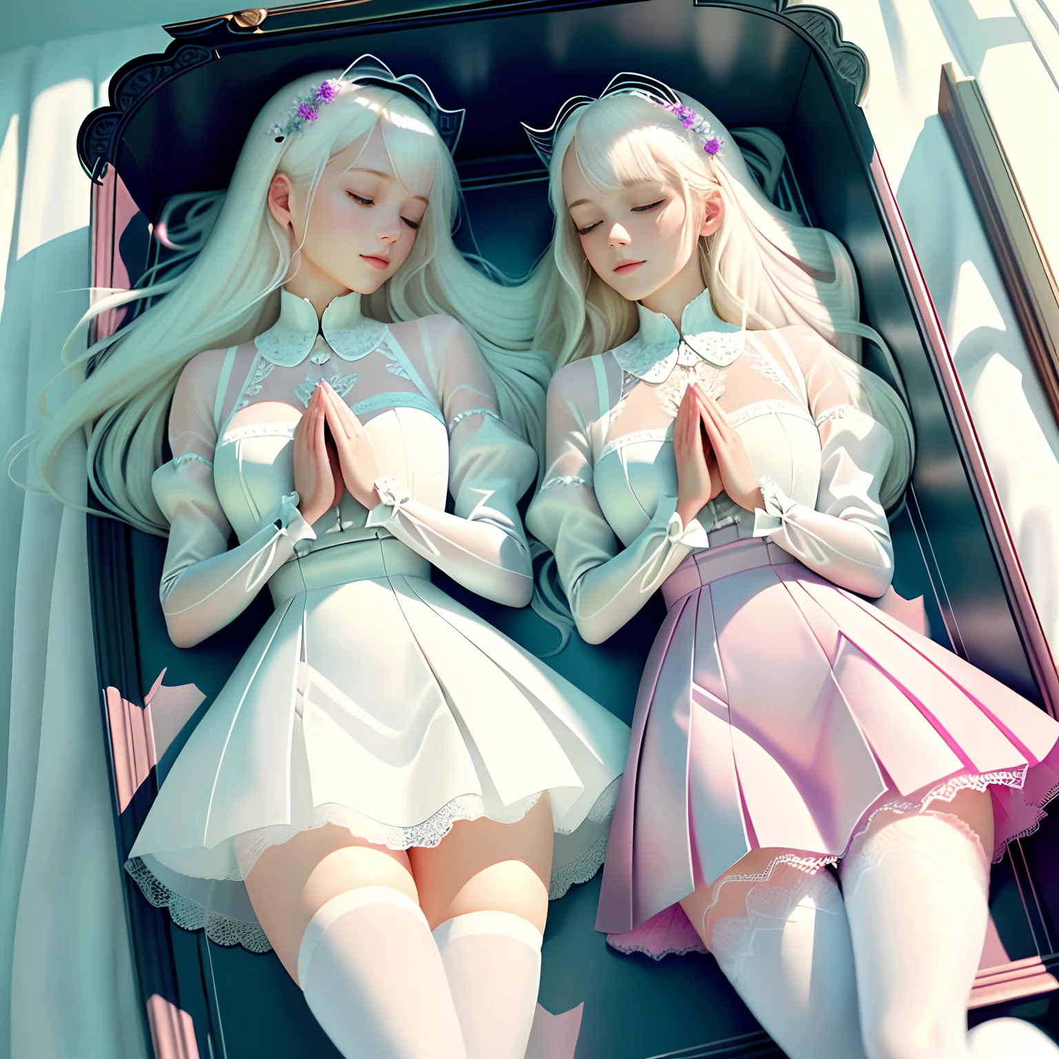 Beautiful twin sisters sleeping in a coffin,Evening wear,White cotton socks,The older sister wears Blue Mary Jane shoes,The younger sister wears pink Mary Jane shoes,Real Human,serene,florals,Royal Sister,A masterpiece of surrealism,Cute, Perfect body, Perfect hair, In the mansion, 8K, fold hands to chest,Detailed and Intrincicate,Lace pattern, detailed beautiful skin, (Kind smile:1.0), ( Long platinum blonde hair:1.2), finely detailed, ribbon, (Detailed praying mantis), Detailed beautiful white shiny skin,Pink stockings,dapper,Wearing a short skirt,fully body photo,Positive perspective,(White shirt:1.2), (Masterpiece), (Photorealistic: 1.3), (Lying on the table: 1.8) , Super detail, (fine skin detail: 1.2), (Best: 1.0), (Super fine: 1.0),