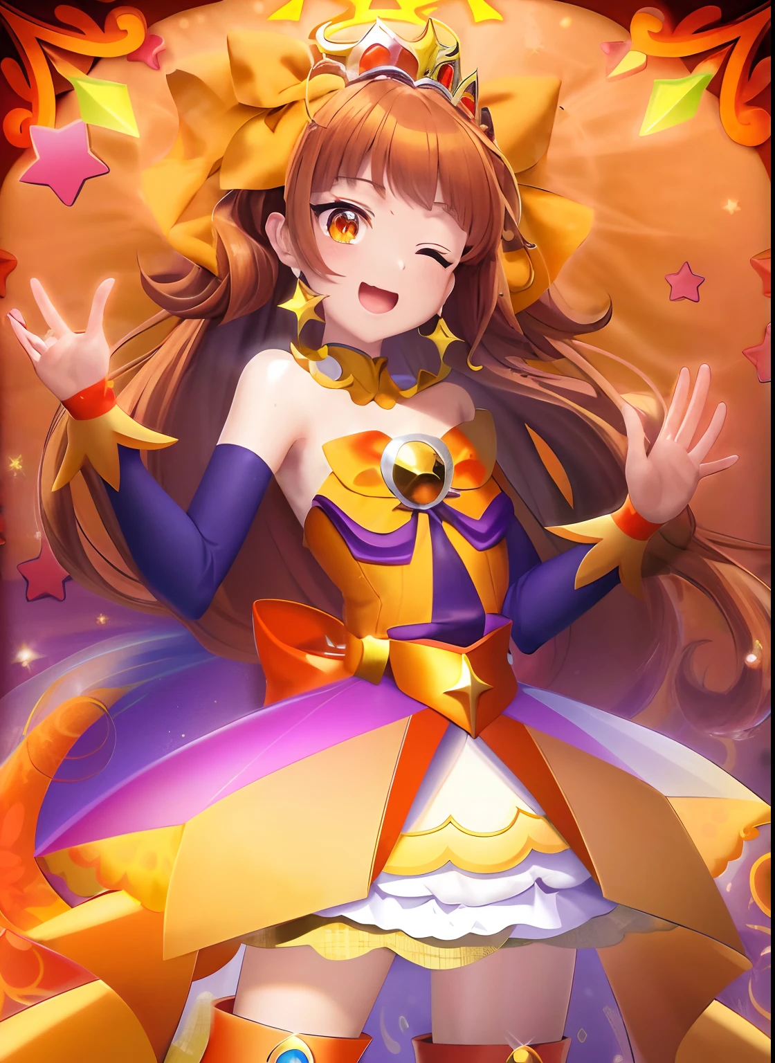 Cartoon male character closeup with dress and crown, Official art, official artwork, Orange and yellow and violet costume, He has long orange-brown hair, Sparkling Magical Boy, hq artwork, marin kitagawa fanart, official anime artwork, Bright Demon, Prince in anime, 1024x1024, Promotional Art, fanart, profile picture 1024px, An orange halo around his head