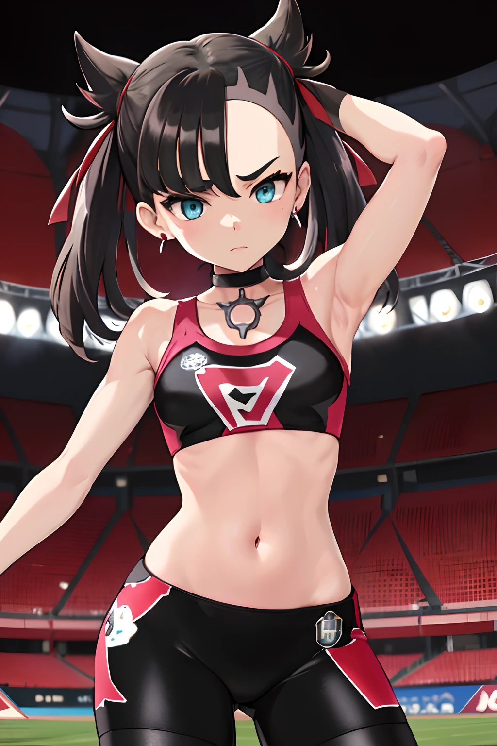 masterpiece, best quality, highres, hmmarnie, aqua eyes, black choker, red ribbon, sexy, armpits, earrings, jewelry, midriff, sports bra, bare shoulders, pants, leggings, standing, cowboy shot, stadium, arms on head, poke ball \(basic\), serious face,