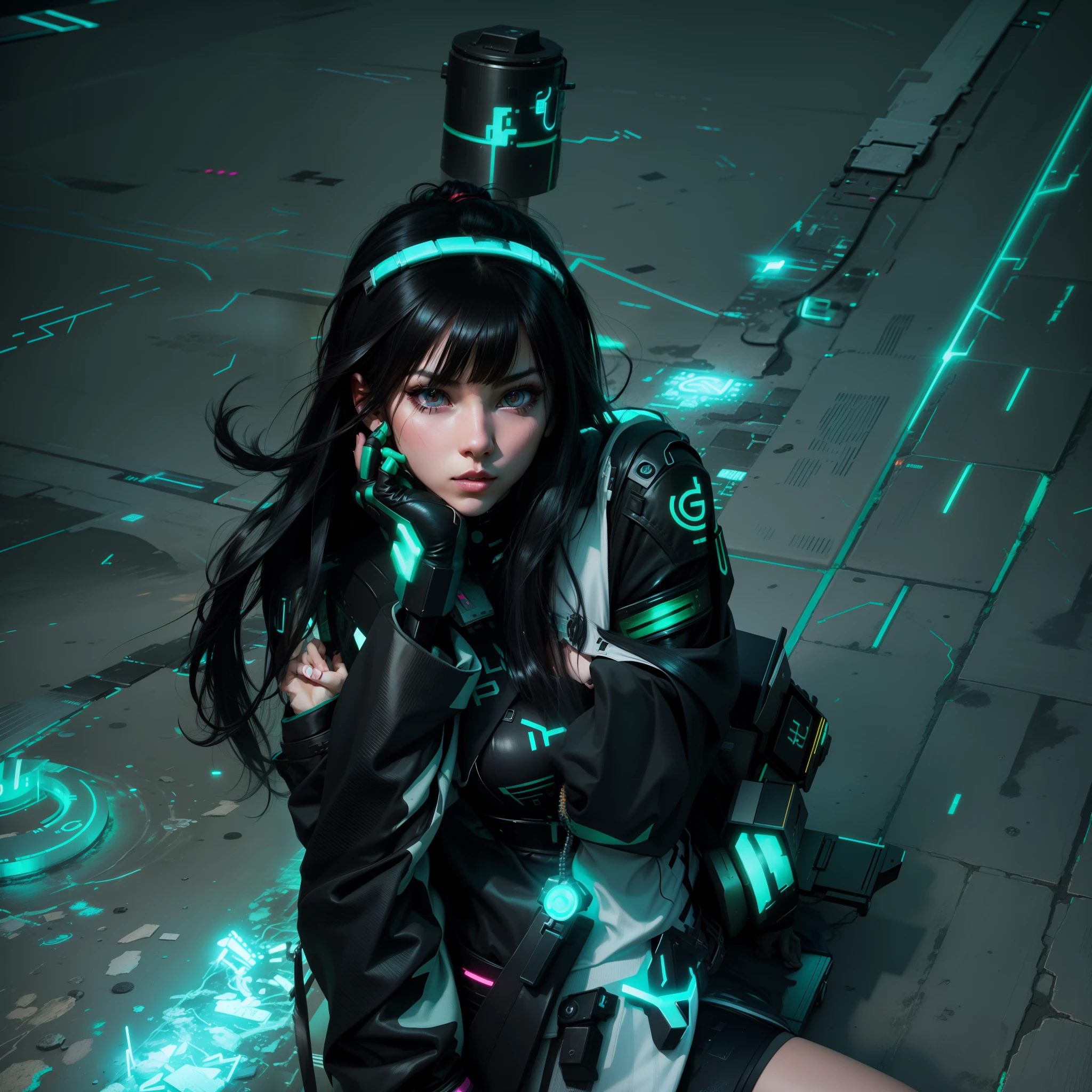 A girl with long black hair，neonlight，Colorful streets，cyber punk style，Gentle face，
