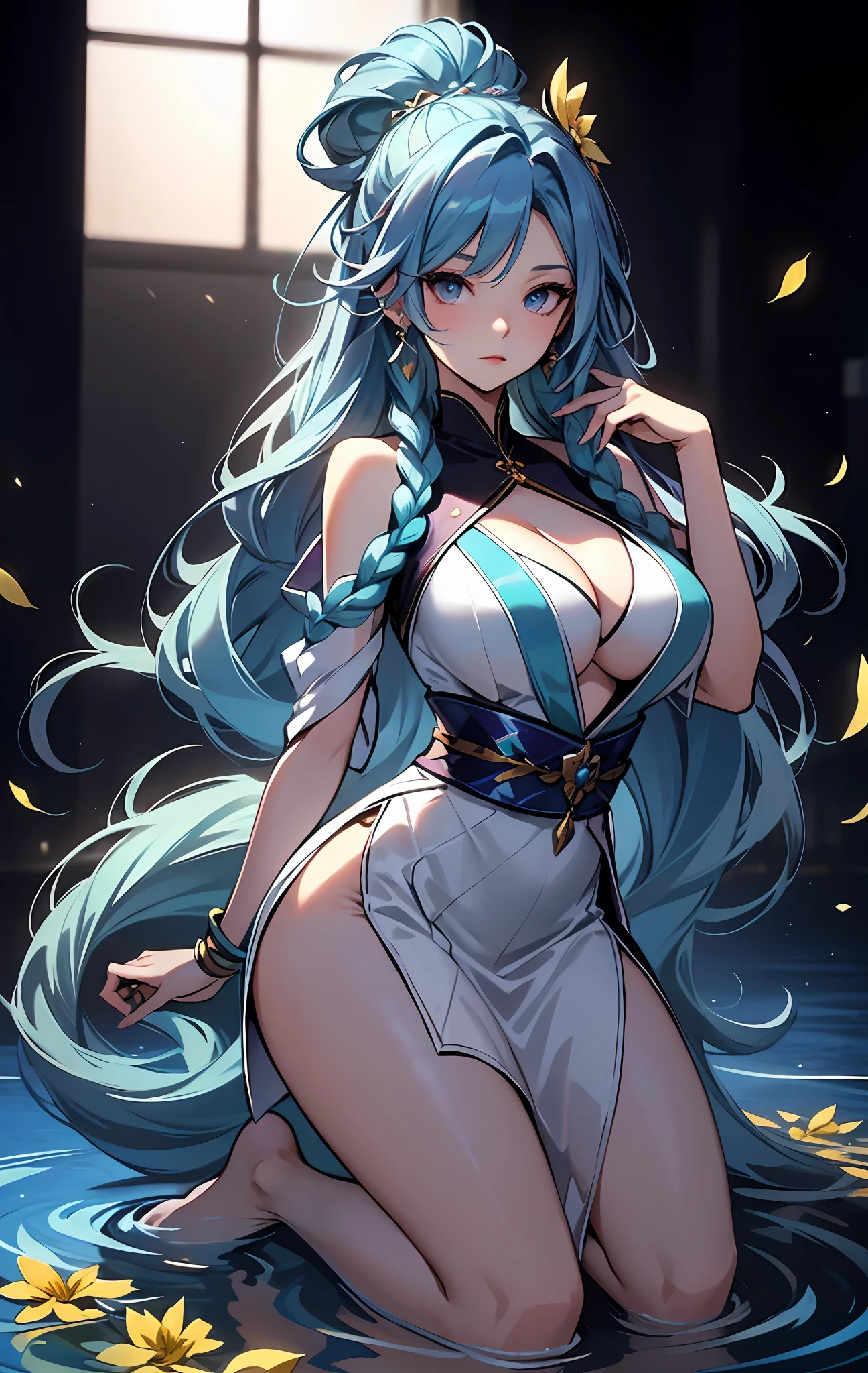 best qualityer,tmasterpiece,Ultimate resolution,downy,Extremely colorful,Colorful,water background,(Lake surface),Dancer,White kimono long dress,huge tit,hair-bun,Fine braids,(Long aqua blue hair),Blue lip gloss,a matural female,(The barefoot),Kneeling pose,daffodil,Normal posture