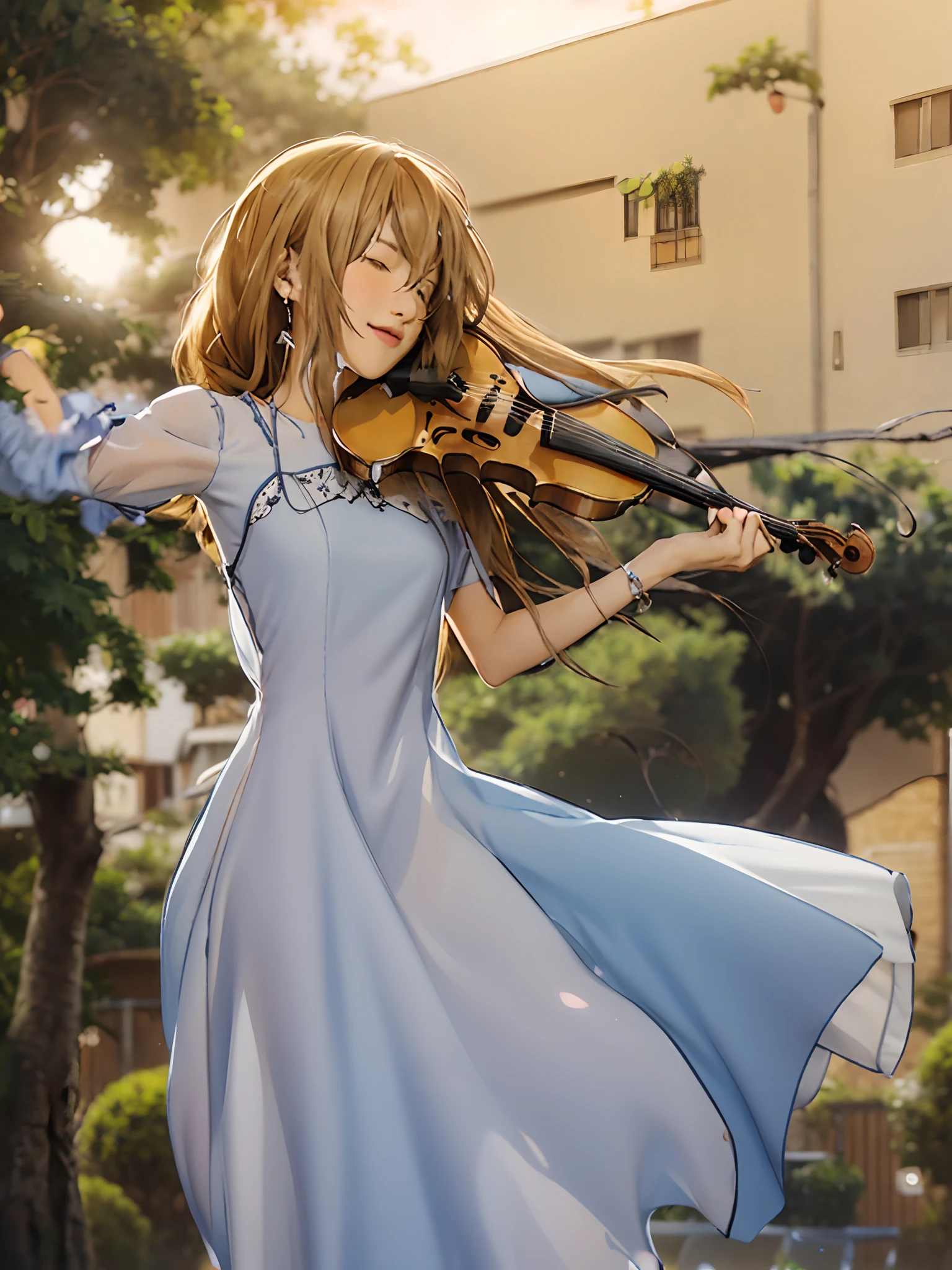 (obra-prima, melhor qualidade: 1.2), sozinho, 1girl, Kawori Miyazono, no expression, segurando instrumento, ((Tocar instrumento, violino, Arco \(music\), vestido preto)), joias, brincos, eyes closed tears dripping, cabelos ao vento, fundo desfocado