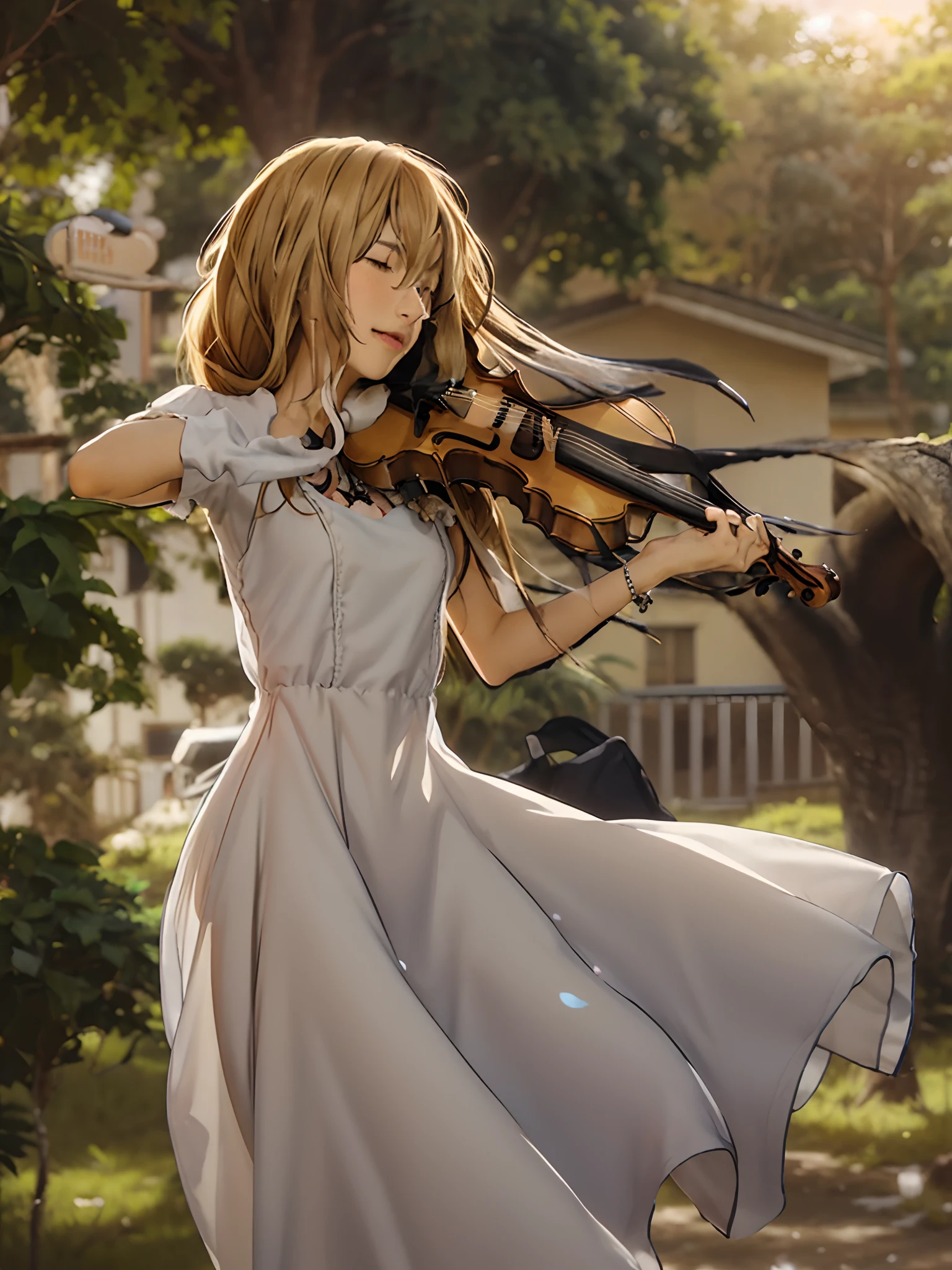(obra-prima, melhor qualidade: 1.2), sozinho, 1girl, Kawori Miyazono, no expression, segurando instrumento, ((Tocar instrumento, violino, Arco \(music\), vestido preto)), joias, brincos, eyes closed tears dripping, cabelos ao vento, fundo desfocado