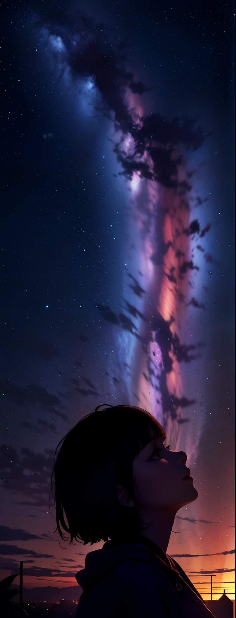 Girl staring at the starry sky，（Side view：1.4），sharp focus on eyes，Perfectcomposition，，8K，super-fine，tmasterpiece，Accurate，Detailed pubic hair，