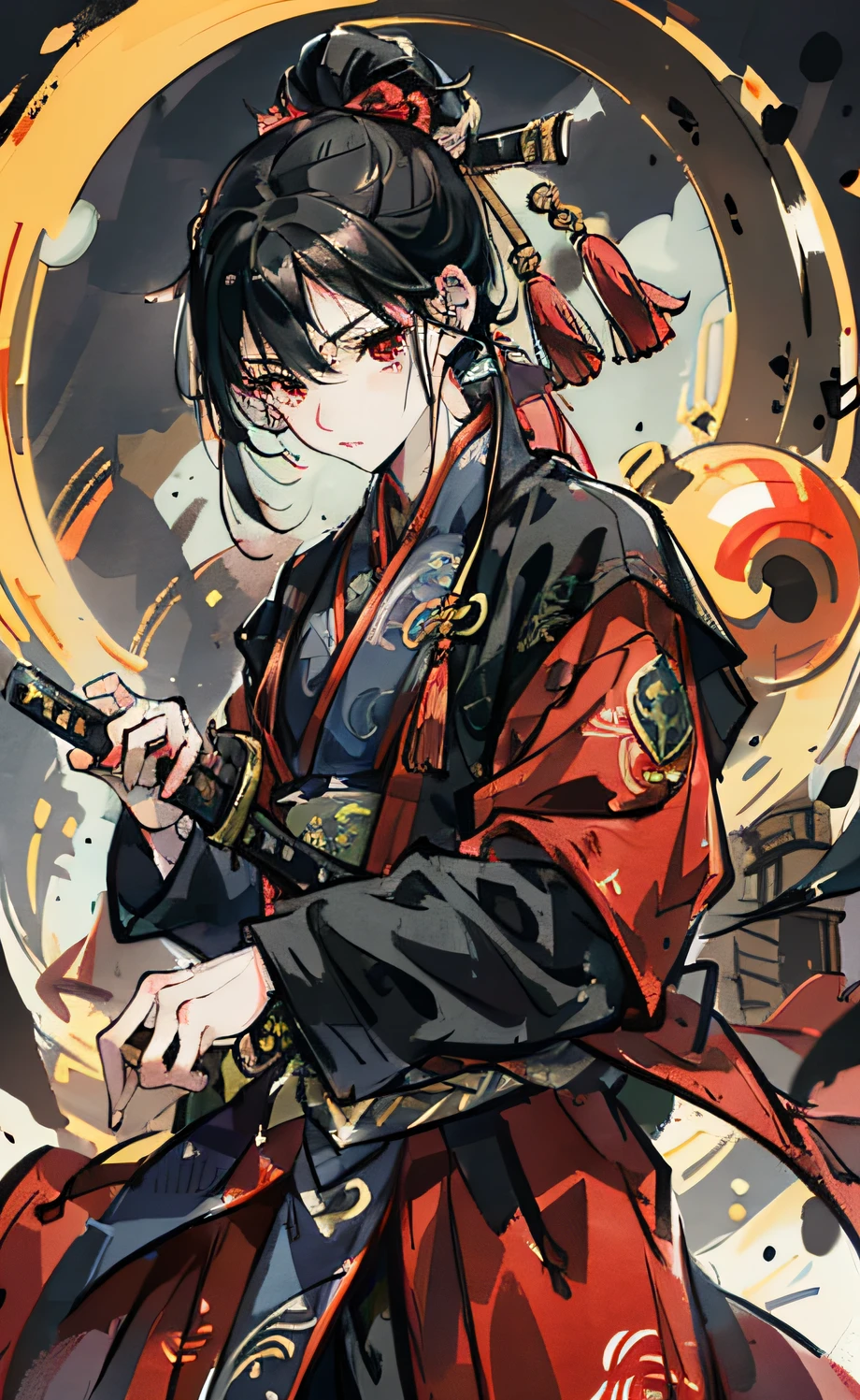 A young Chinese man dressed in a Taoist martial arts uniform holds a highly detailed katana,Long black hair,dark night background,Red eyes,