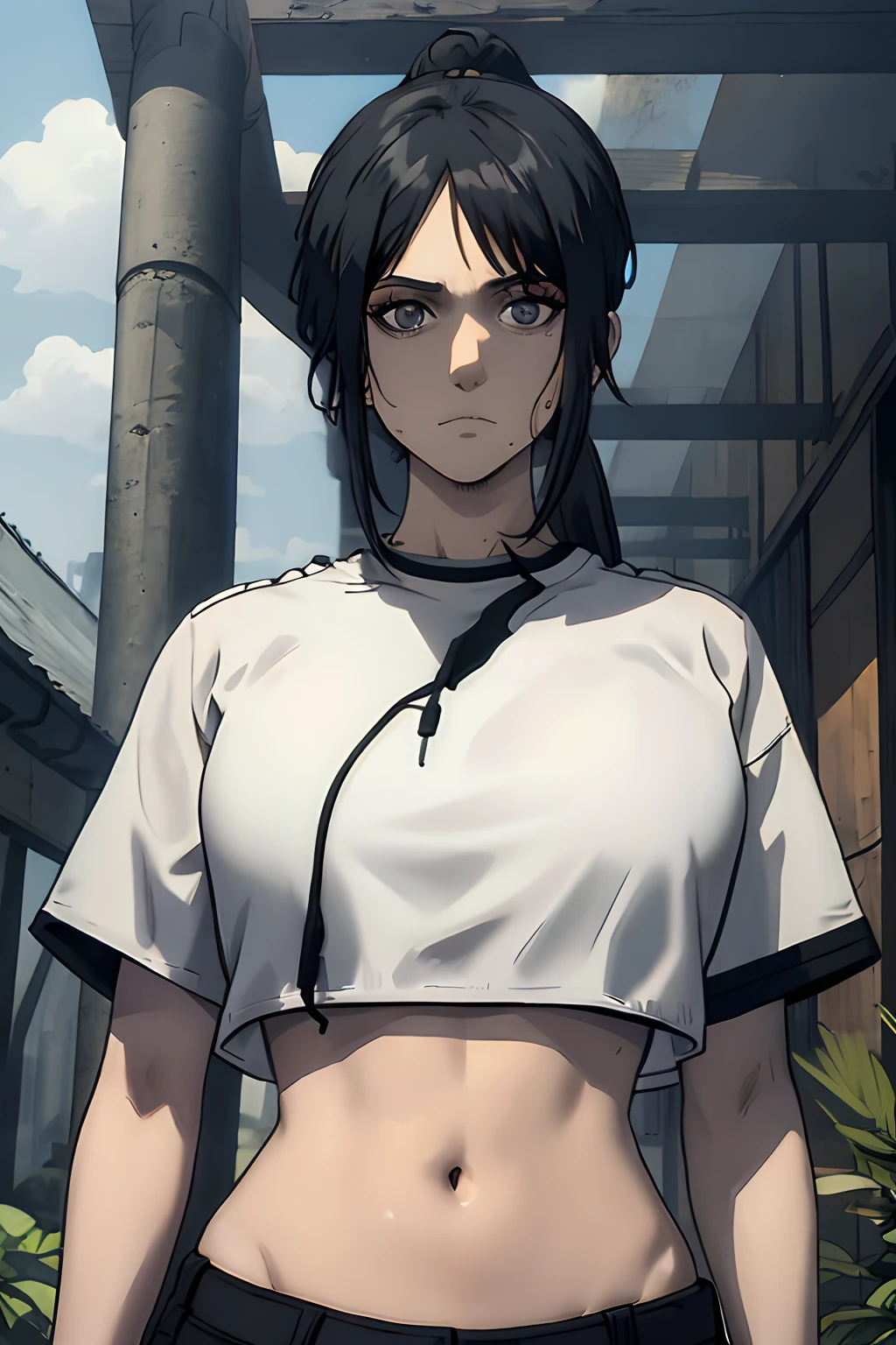 ((Masterpiece:1.2, Best quality)), 1girll, short detailed hair， Black hair, Upper body, view the viewer, Pants, A plant, Daytime, Korean streetwear, Running, Exhausted, Tired expression, Sweaty, outside, By the river, Casual style, Cyberpunk Style, (Black crop top:1.3), Black yoga pants, Casual wear, White sneakers, people in backgrounds, highly  detailed, Perfect face, Dynamic pose,Low ponytail，huge tit，natta，