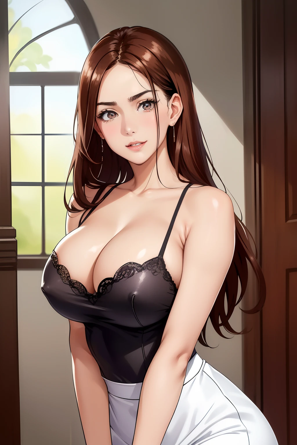 obra maestra, mejor calidad, highest qualityr, Perfect Anatomia, high resolusion, ultra detallada, fondo de pantalla de 8k, textura, detalle, only one, HDR, CG extremadamente detallado, Azuma Hisato, 1 girl in, solo, cuerpo completo, de pie, cola de caballo, brown-hair, flequillo , ojos_marrones, 20 year, mujer madura, mirando al espectador, sonrisa, cara lasciva, (Beautiful,large_Breasts:1.4), (beautiful_face:1.5),(narrow_waist), uniforme de oficina,desnuda,