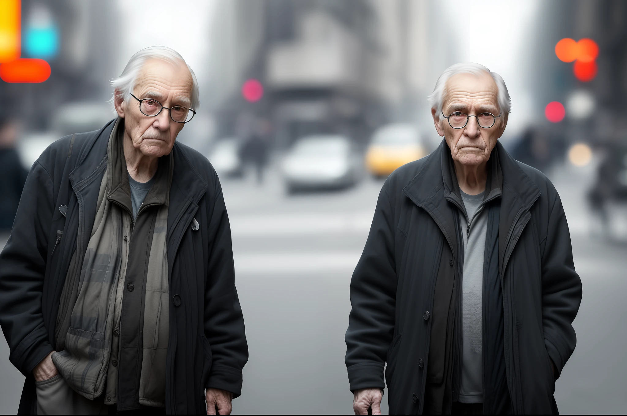 Generate an ultra-realistic, photographic image in 8k resolution with a 4:3 aspect ratio. The central focus should be on an elderly man, portrayed in intricate detail, with a tired and weathered appearance. He should be dressed in a crumpled shirt, reflecting his weariness. Depict him as unwell, conveying his sickness through his expression and posture. The background should be a blurred cityscape, emphasizing the man's isolation within an urban environment.