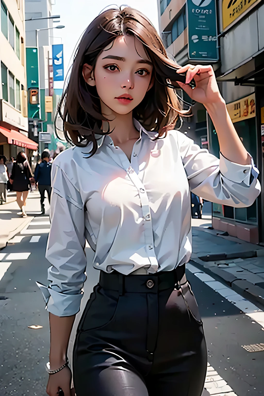 ultra - detailed， A high resolution， （realisticlying， photo-realistic：1.4）， 8k， RAW photogr， （tmasterpiece）， （best qualtiy）， physically-based renderingt， college girl， Brown hair long， Korea， the street， unbuttoned_white_shirt，