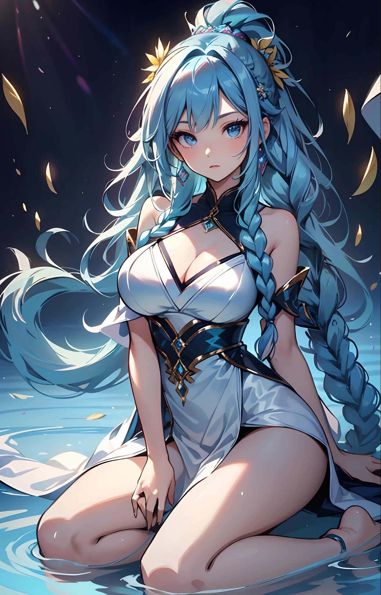 best qualityer,tmasterpiece,Ultimate resolution,downy,Extremely colorful,Colorful,water background,(Lake surface),Dancer,White kimono long dress,huge tit,A big bun,Fine braids,(Long aqua blue hair),Blue lip gloss,a matural female,(The barefoot),Kneeling pose,daffodil,Normal posture