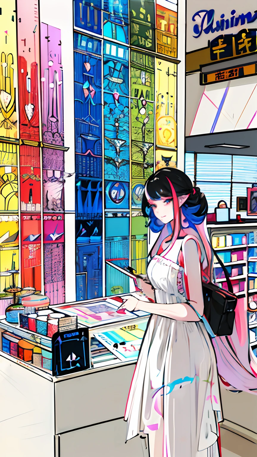 Beautiful woman in white dress standing in front of store, candy shop in a mall, colorful aesthetic, vaporwave mall aesthetic, Refined face, ssmile,height of 165cm,Carrying a bag,Pastel tones, (Chaotic geometry:1.3),(Negative space:0.8),(Drawing board:1.3 ), (Etheric color ink flows:1.3),Art book style