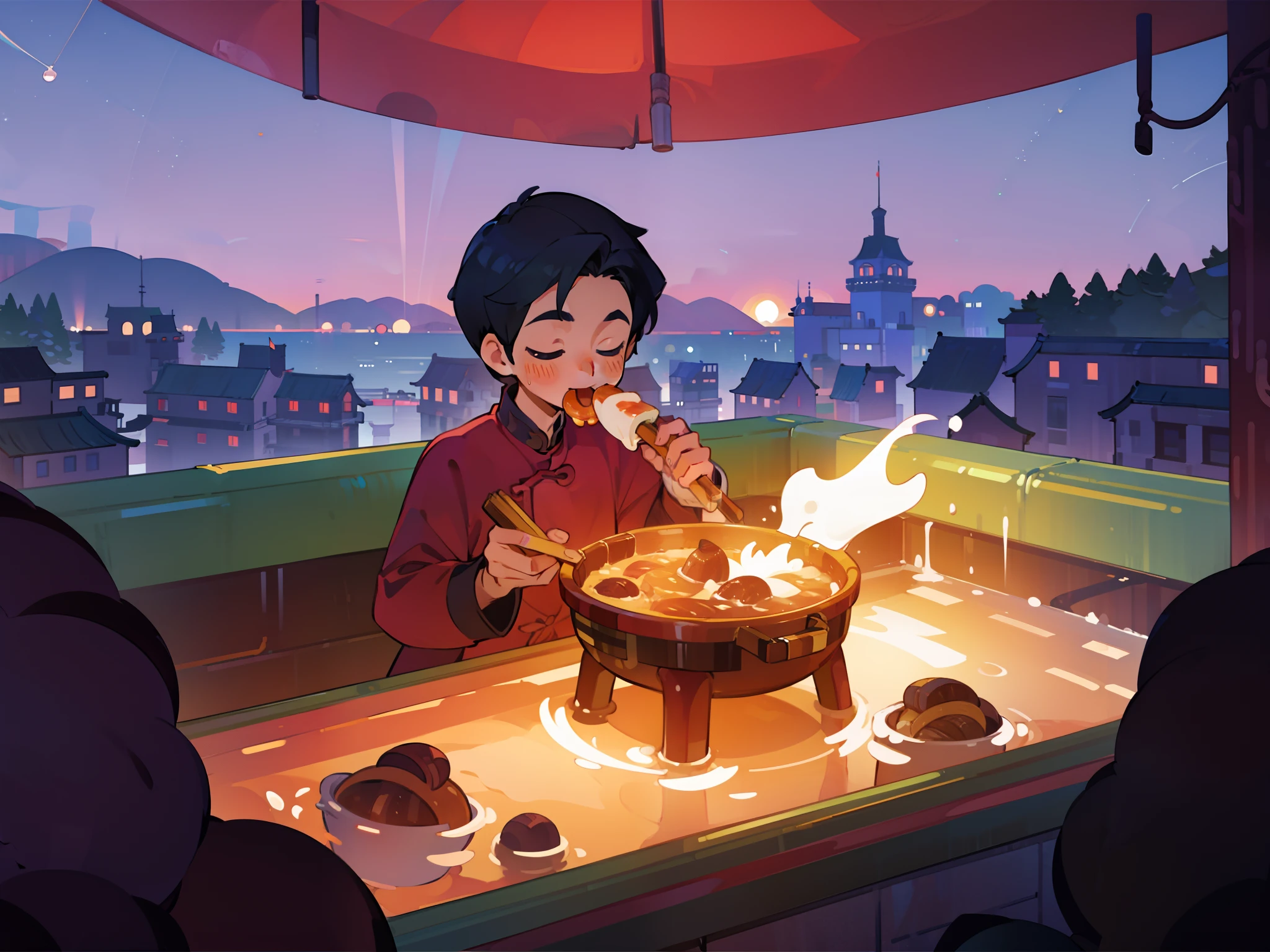 A young boy with，Eat above a restaurant that looks like a hot pot，