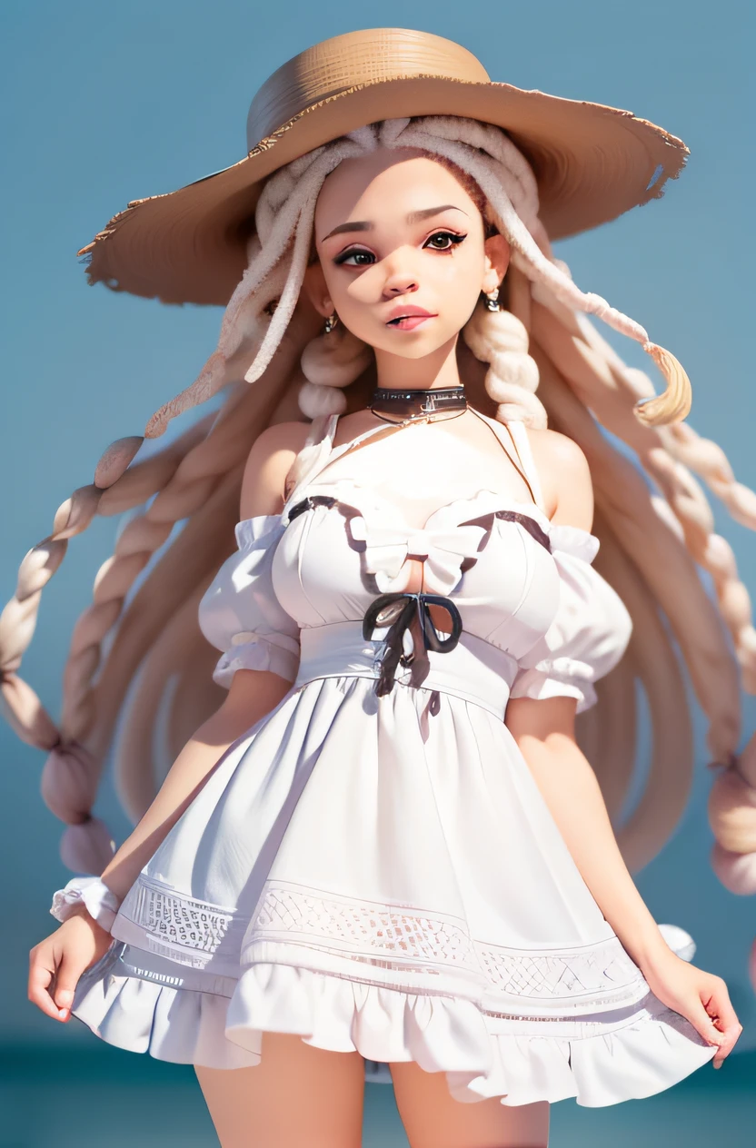 (melhor qualidade) jovem, sozinho, pele perfeita, seios grandes, Albina, Dreadstyle branco, (((Dreadstyle)), Features Afro Albino, Vestido Lolita ((peitos grandes)) ((peitos sexy))