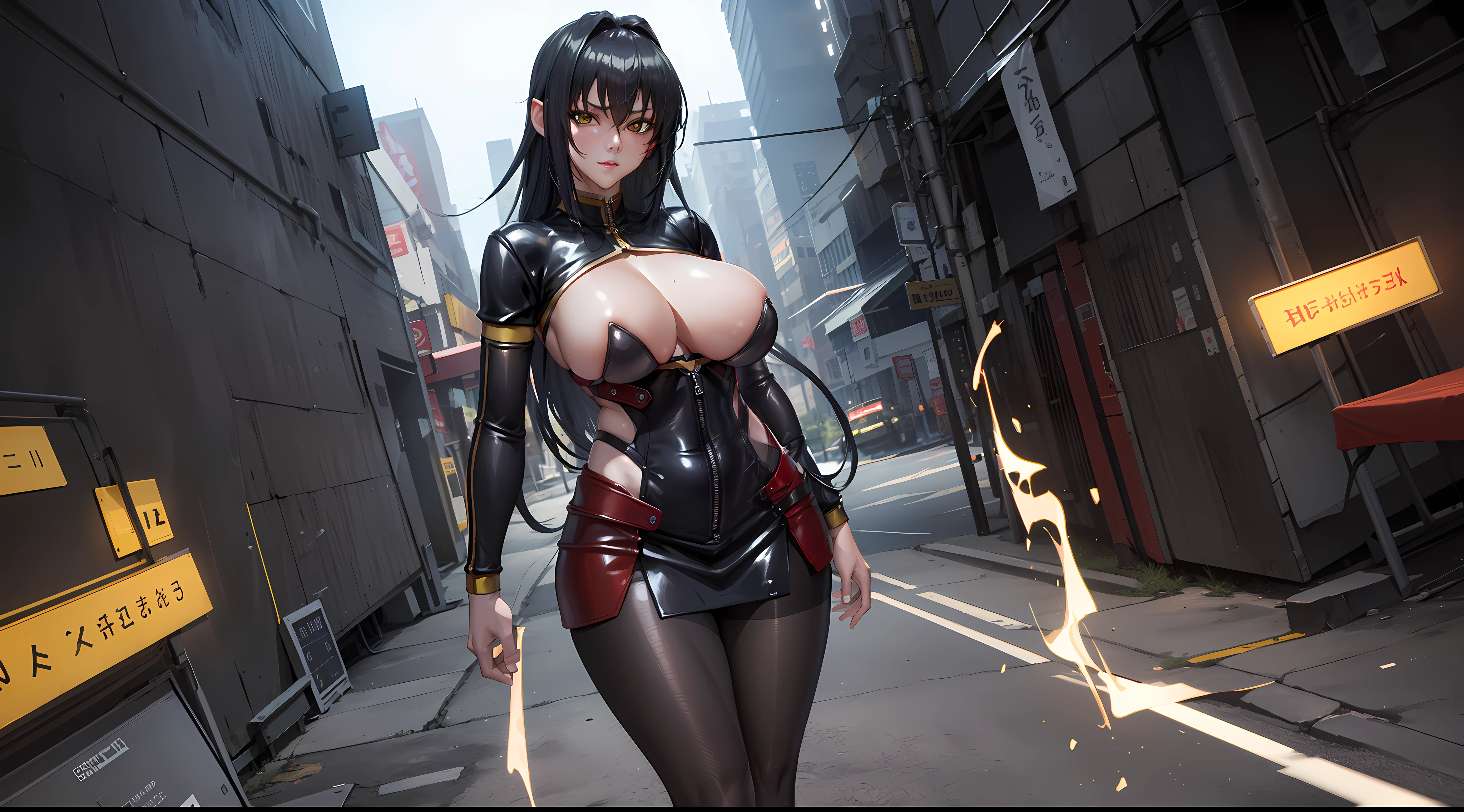 professional artwork, Intricate Details, field of view, sharp focus, detailed painting, photorealistic lighting, trending on pixiv, Standing at attention, black outfit ,yellow collared shirt,black bodysuit,skin_tight,black legwear, black pantyhose, Side_boob, black hair,very long hair, Bangs,yellow eyes,makeup, lipstick, 35yo,mature female,Beautiful Finger,Beautiful long legs,Beautiful body,Beautiful Nose,Beautiful character design, perfect eyes, perfect face, looking at viewer,official art,extremely detailed CG unreal engine 8k wallpaper, perfect lighting,Colorful, Bright_Front_face_Lighting, (masterpiece:1.0),(best_quality:1.0), ultra high res,4K,ultra-detailed, photography, 8K, HDR, highres, absurdres:1.2, Kodak portra 400, film grain, blurry background, (Beautiful,large_Breasts:1.4), (beautiful_face:1.5),(narrow_waist), (solo:1.4), ((landscape dimension)),