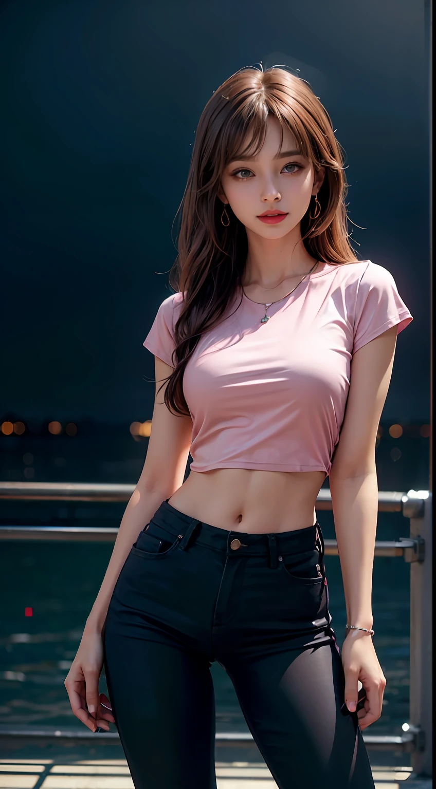 8k, masterpiece, RAW photo, best quality, photorealistic, extremely detailed CG unity 8k wallpaper, Depth of field, Cinematic Light, Lens Flare, Ray tracing, (extremely beautiful face, beautiful lips, beautiful eyes), intricate detail face, ((ultra detailed skin)) 1girl, in the dark, deep shadow, pretty korean girl, kpop idol, 1 girl, (very slim slender fit-muscled body:1.3), ((looking at viewer)),(big smile:1.3), (tight pink pants), (laced pants), (midnight, dark night, (neon sign), (blurred background), dim light), (without people in the background:1.3), beautiful earrings, bracelets, necklace, pantyhose, clear eyes, walking , front shot, (pale skin), (big eyes), face forward, (full body shot), ((silk hot pink shirt)), (brown hairs), (laced shirt), open navel, (looking at viewer:1.3) very slim, medium breasts, hermes bag, (camel toe), thick thighs
