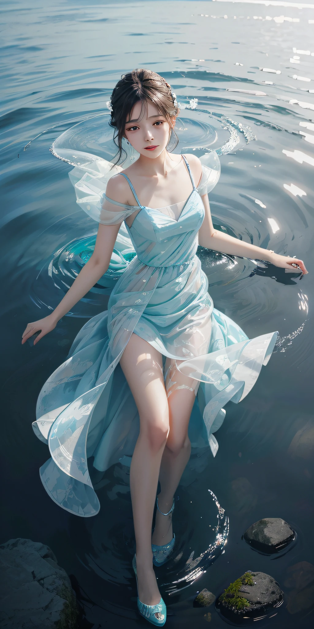 best qualtiy，tmasterpiece，超高分辨率，（真实感：1.4），RAW photogr，cold light，A woman in a transparent dress under the water，Full body photo，wallpaper anime blue water，Guviz-style artwork，closeup fantasy with water magic，by Yang J，Guviz，a beautiful artwork illustration，Water Nymphs，beautiful digital artworks，beautiful digital illustration，Li Song，a beautiful anime portrait，Art style in Beauvot