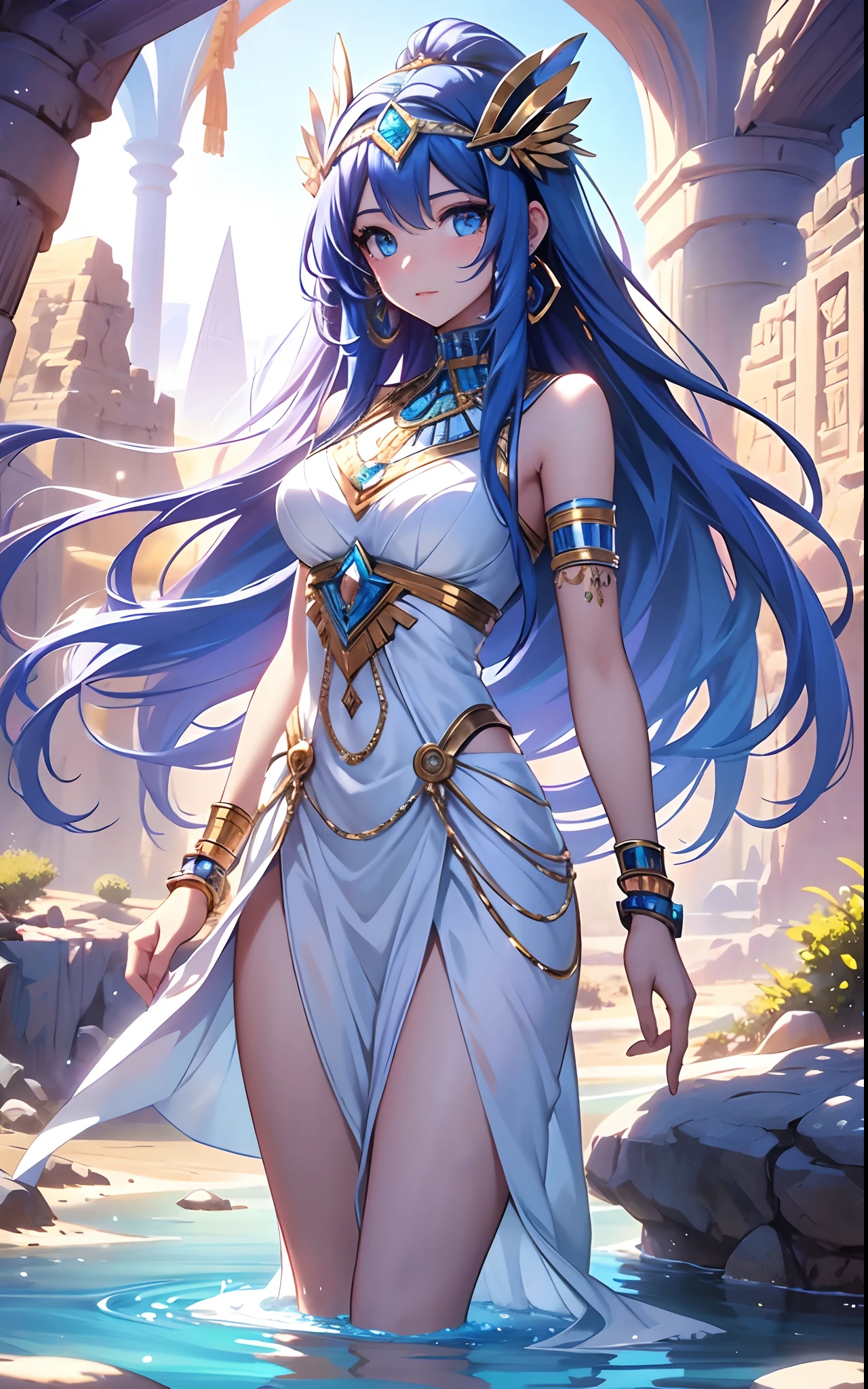 best qualityer，tmasterpiece，Ultimate resolution，downy，Extremely colorful，Colorful，Oasis background，Ancient Egyptian woman，Long azure hair，a matural female，Long white dress in Egyptian style，a white long skirt，Treading water，Desert oasis，Nile River，Normal posture