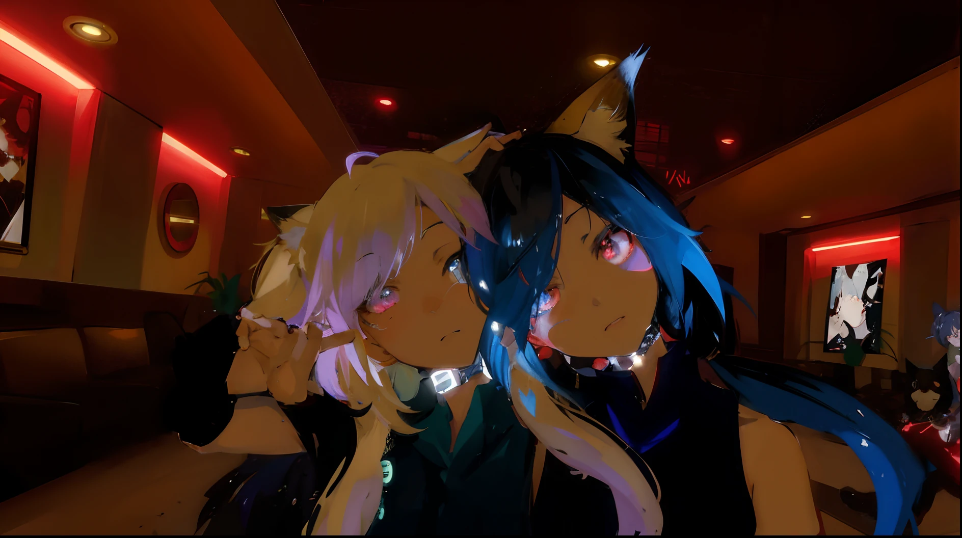 anime characters in a dimly lit room with red lights, vrchat, anime style. 8k, anime styled 3d, anime vibes, chillin at the club together, anime styled, two beautiful anime girls, twintails, 2 d anime style, anime girl with cat ears, in anime style, anime stylized, pixiv 3dcg, anime. soft lighting