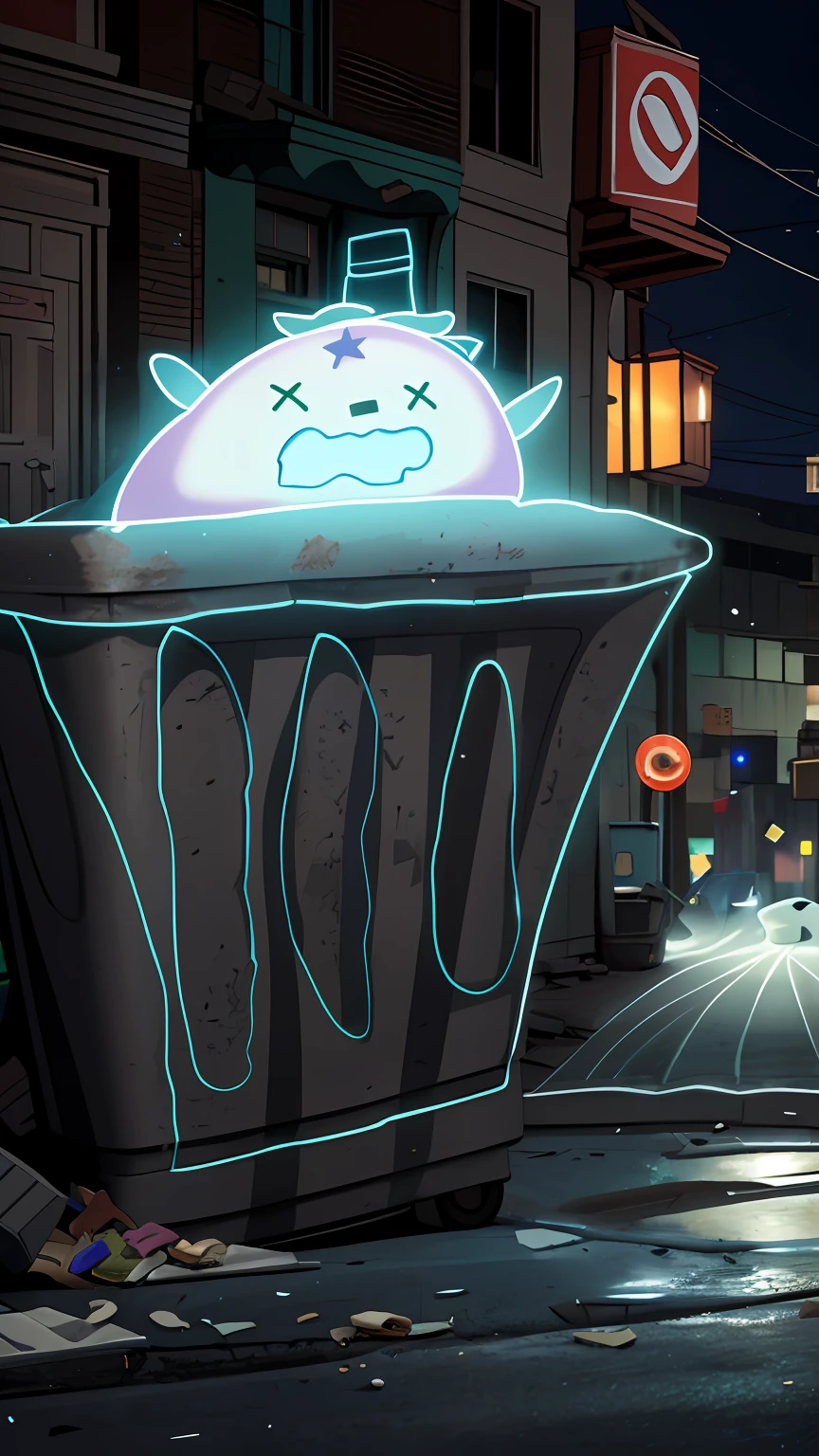 Ghosts hide in trash cans,Floated out,The garbage fell to the ground,Ruined buildings all around,Light and effects,nigth,the street lights