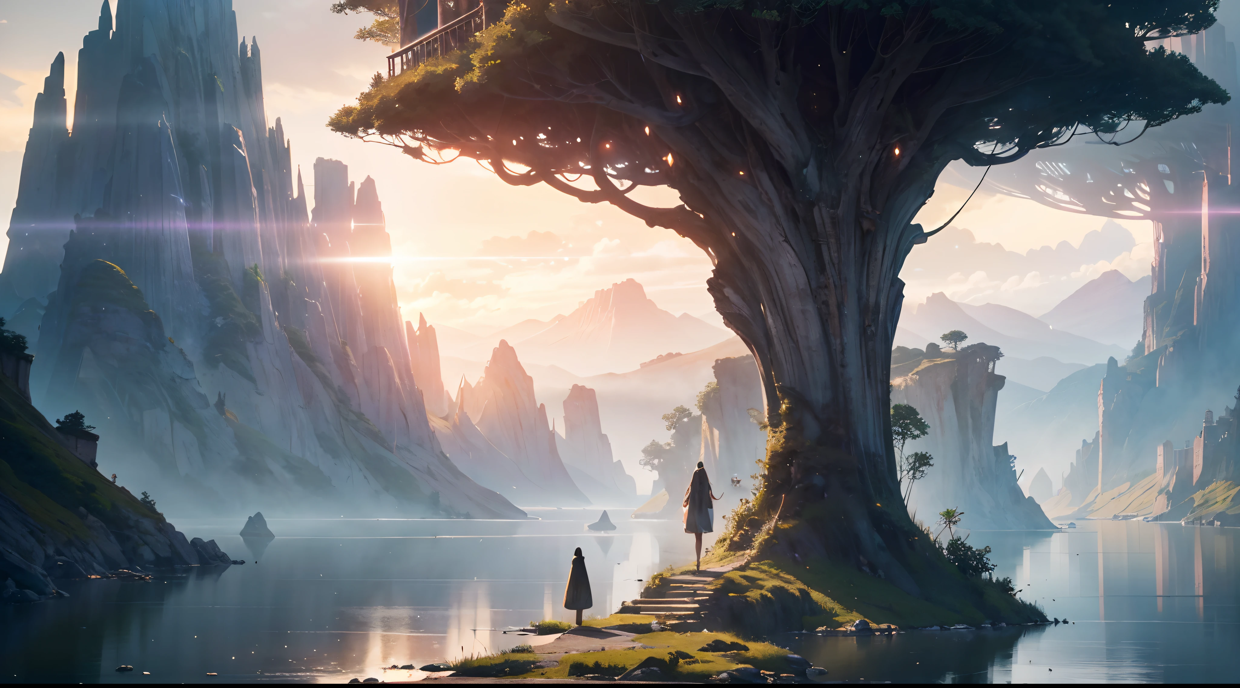 (by Greg Rutkowski: 1.2), (ultra-detailed CG unity 8k wallpaper, masterpiece, best quality, beautiful, depth of field, HDR, intricate), delicate, Craft a mesmerizing and otherworldly realm, filled with vivid hues, majestic, and enchanting landscapes, (no human), sharp focus, post processing, impressive
