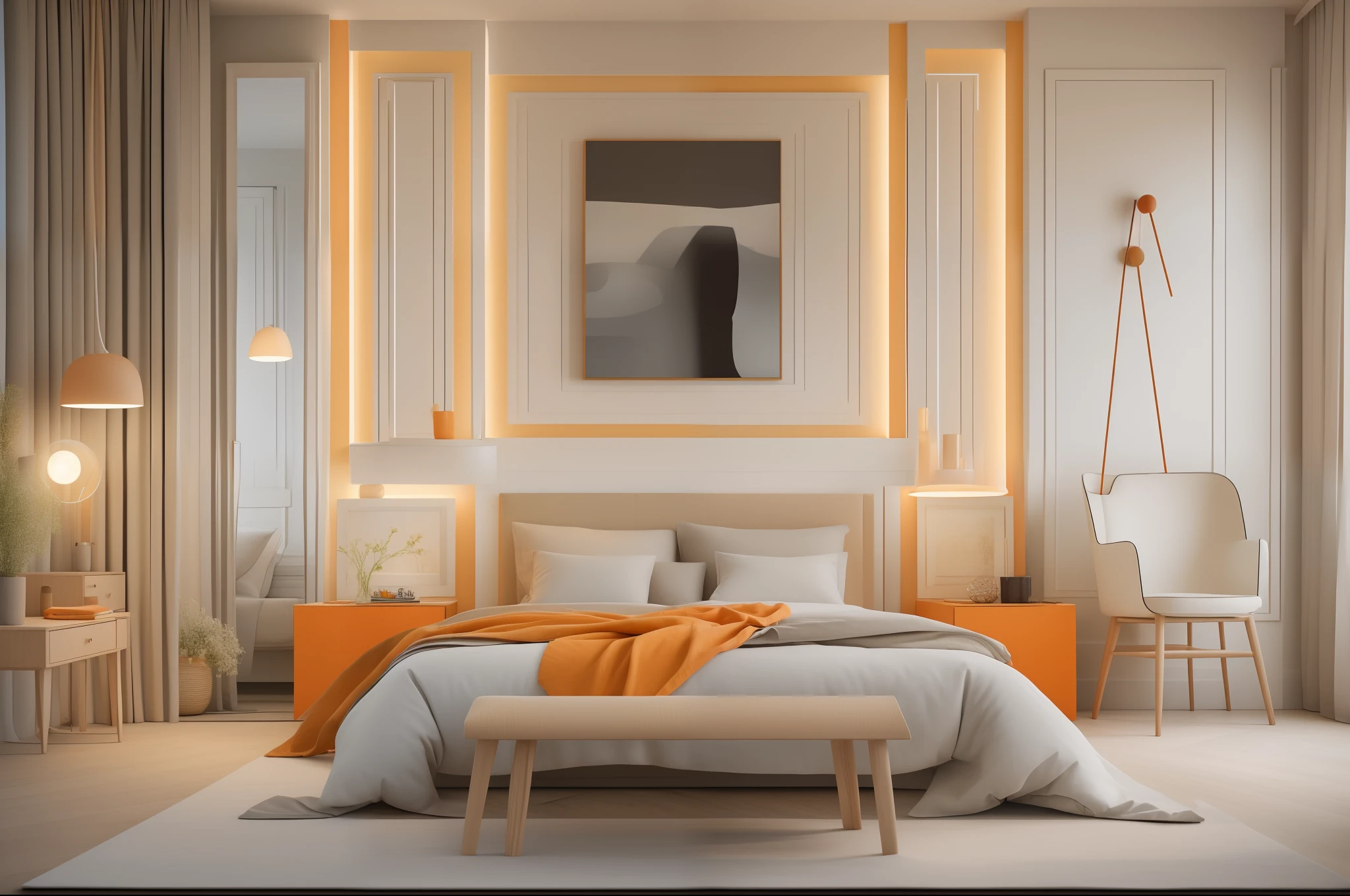((best quality)),((masterpiece)),((realistic)),bed room,Modern minimalist Nordic style,Soft light,Pure picture,(Bright colors:1.2),Symmetrical composition,orange theme