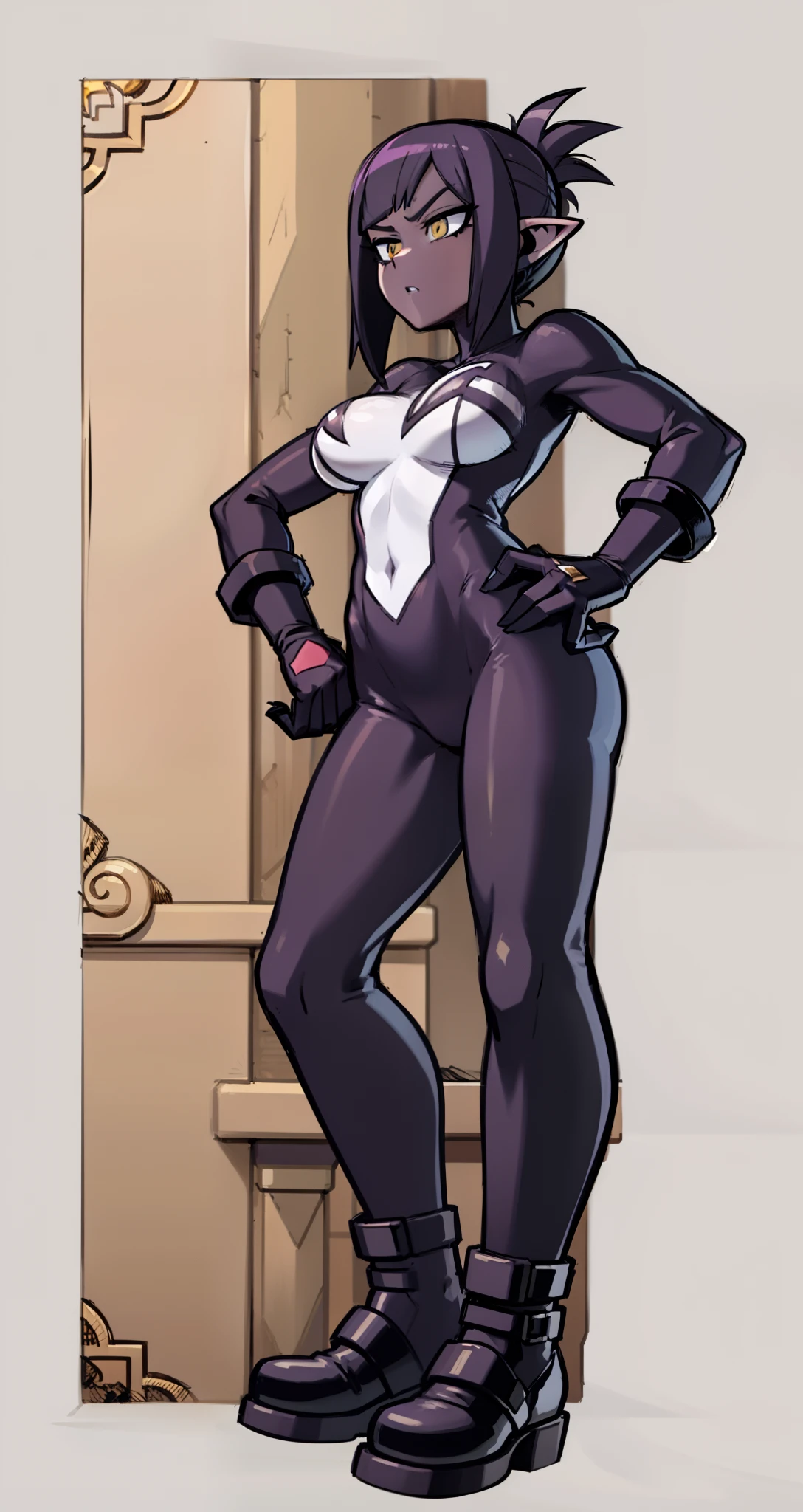 My Hero Academia style, anime Girl, female, Amity Blight, The Owl House, trending on artstation pixiv, (full body shot:0.5), Masterpiece, Perfect Anatomy, Super Detailed, Pale skin, golden yellow eyes, pointy ears, Hair tied into a high ponytail pulled up in front, undercut on the sides, two-tone hair, long purple hair, Wide thighs, wide hips, Large breast, full body suit, hero suit, Studded Suit, Spotted purple suit, multi-toned suit, purple suit, multi shade purple suit, light purple spot suit, dark purple spot suit, one piece suit, Venom, purple symbiote, She-Venom, Marvel,