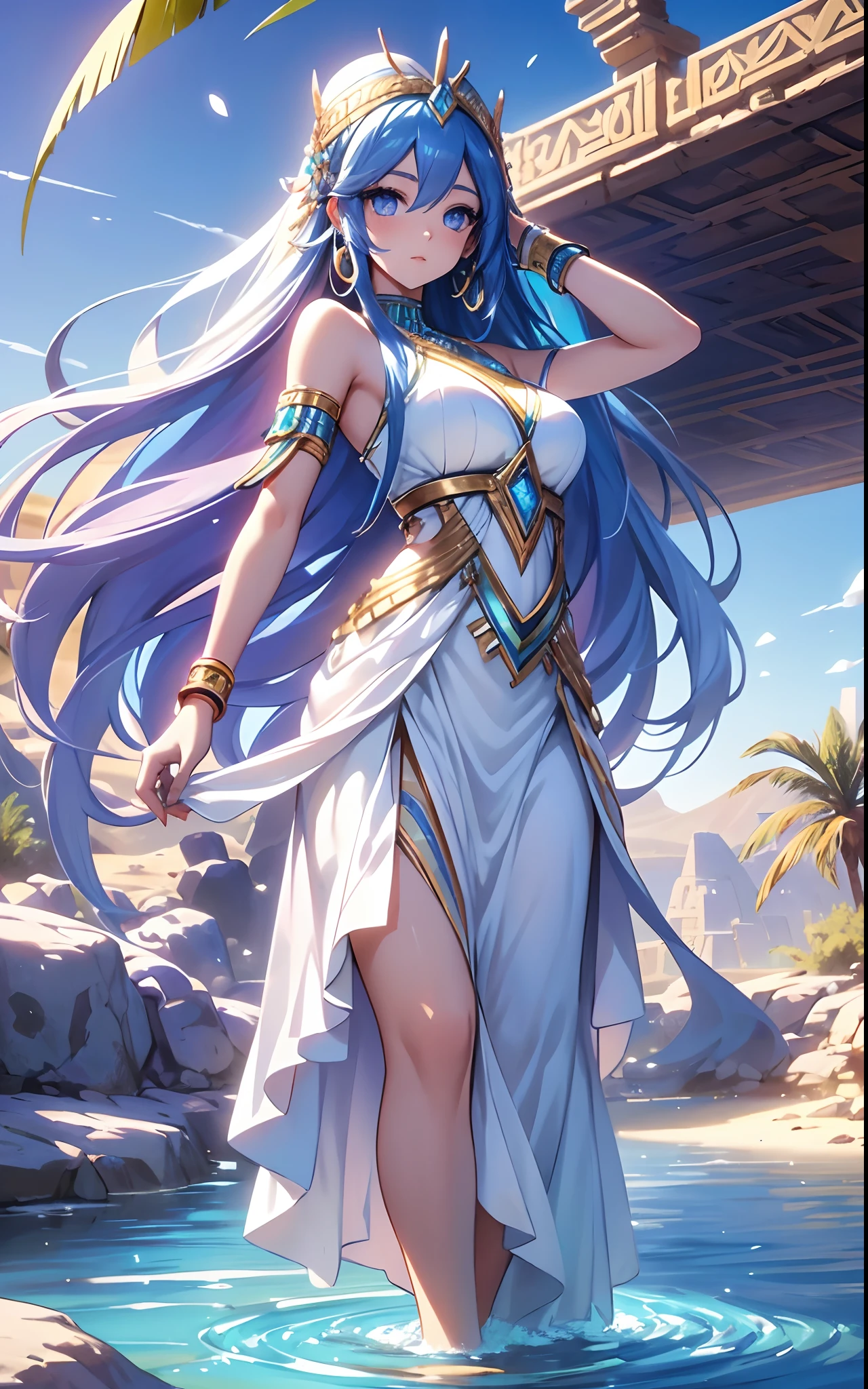 best qualityer，tmasterpiece，Ultimate resolution，downy，Extremely colorful，Colorful，Oasis background，Ancient Egyptian woman，Long azure hair，a matural female，Long white dress in Egyptian style，a white long skirt，Treading water，Desert oasis，Nile River，Normal posture