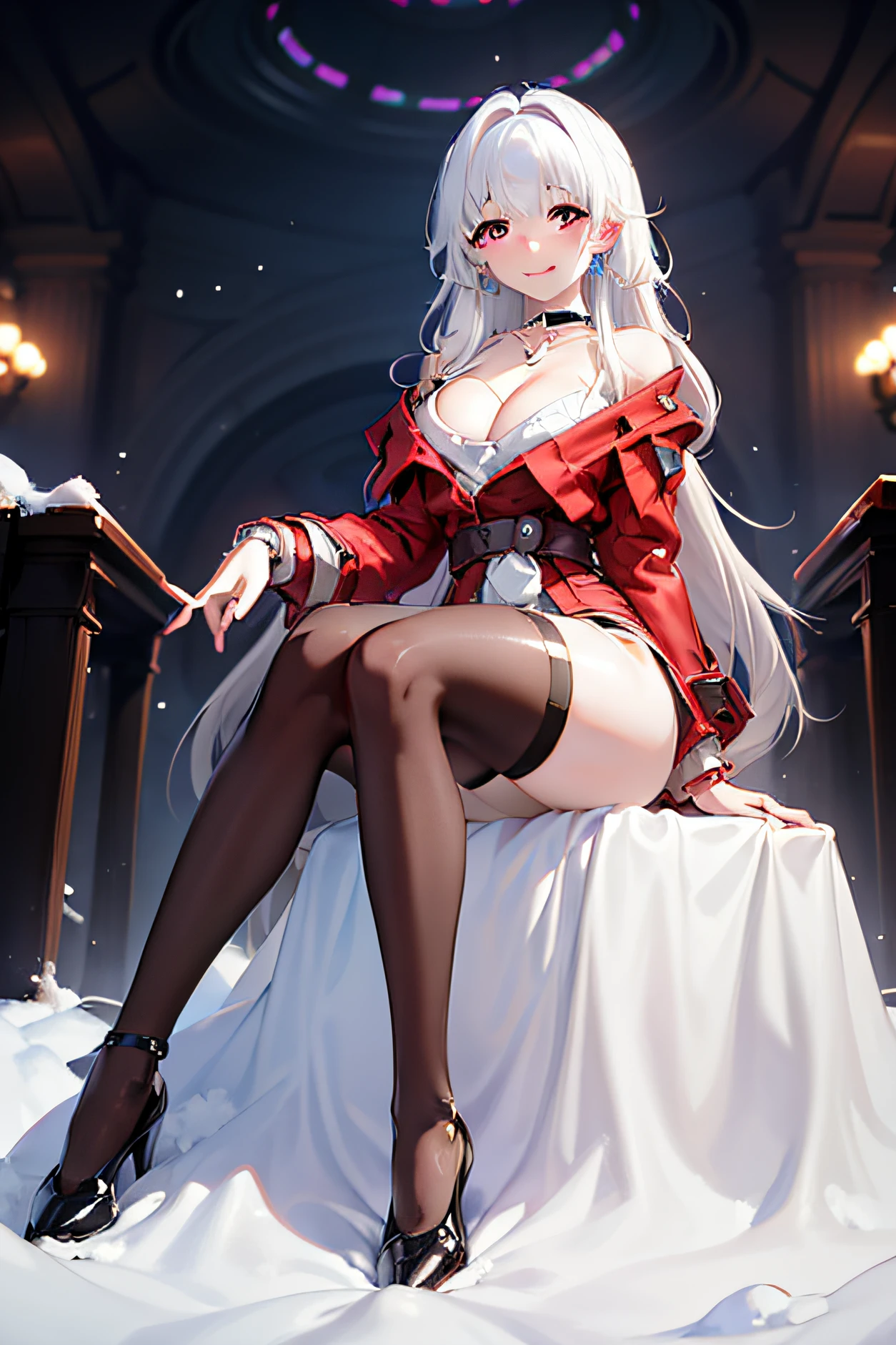 tmasterpiece，k hd，Good quality, at winter season，beam of light，Bright and snowy，1girll,Cover the chest，veils，setting sun，Light red blouse， Extremely delicate big eyes, Honkai，klara with huge breasts，Lori huge breasts cleavage，( Silvery-white hair。choker necklace，Earrings, Drill hair, ,Black gradient stockings，leather shoes，angle of view,Pay attention to arm details, Finger details, Shy, Smiling, Blushing, Perfect hands, Depth of field