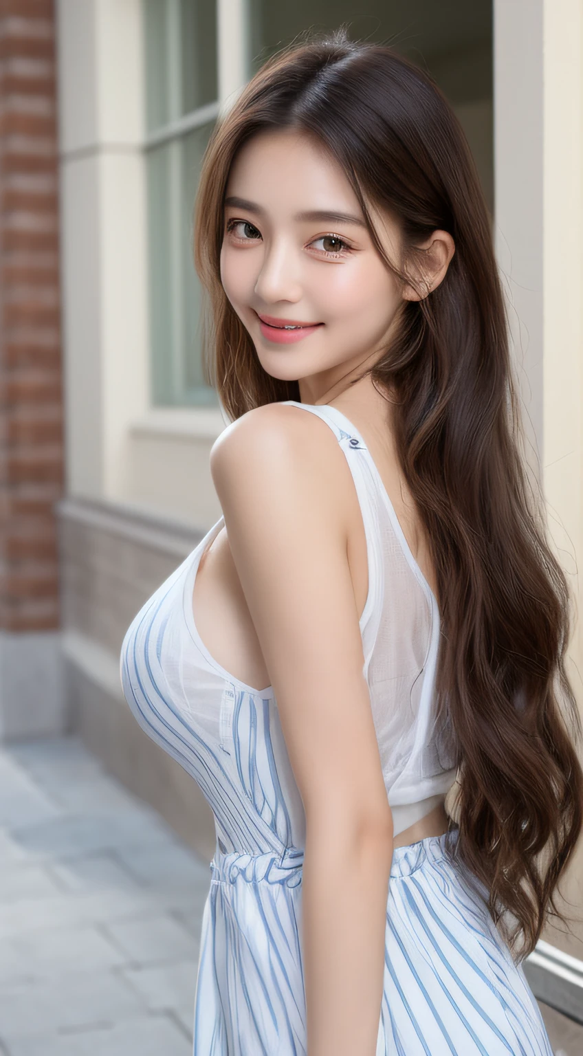 ((Best Quality, 8K, Masterpiece: 1.3)), 1girl, Slim Abs Beauty: 1.3, (Casual hairstyle, No leaky big breasts: 1.2), Dress: 1.1, Super fine face, Delicate eyes, Double eyelids, smile, street