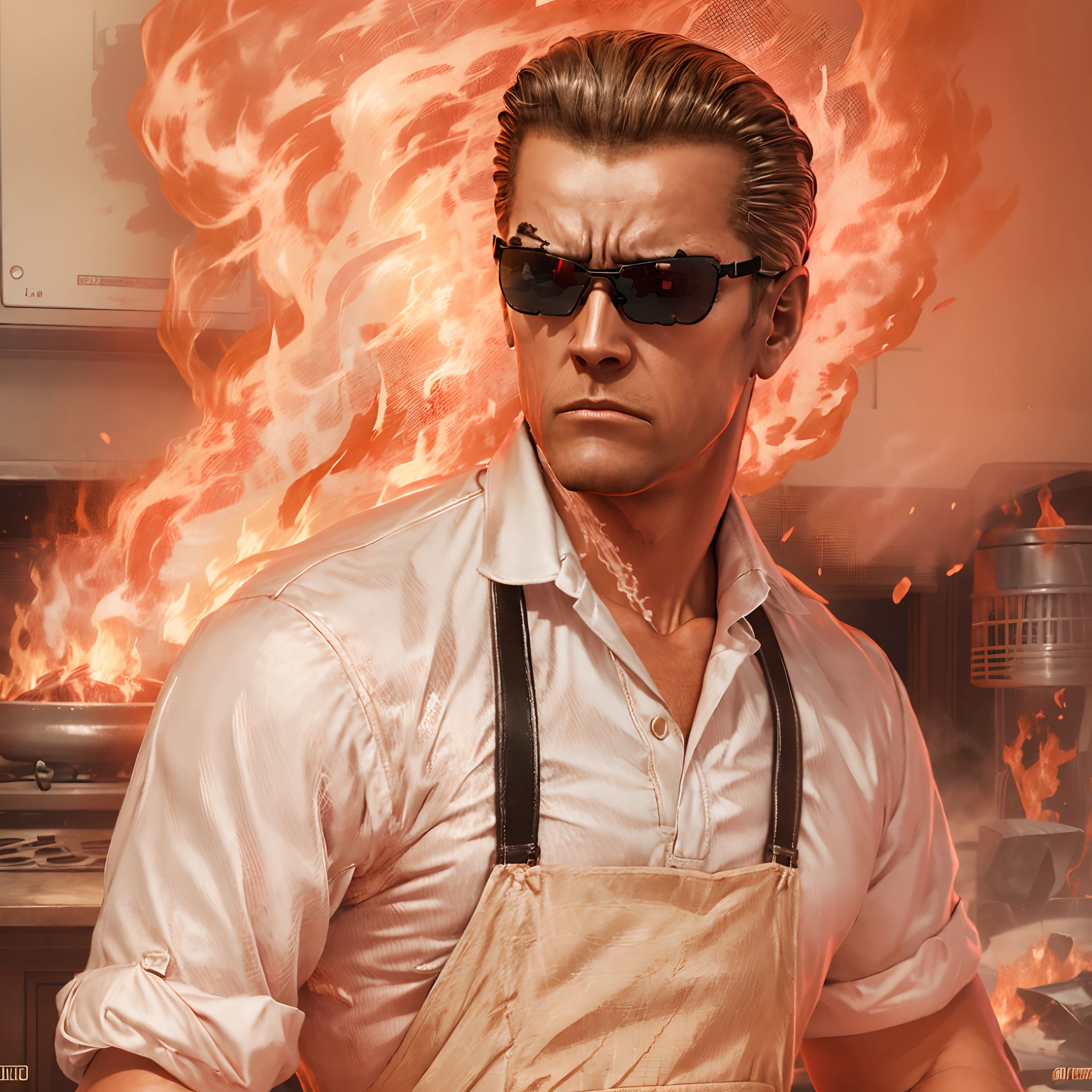 Wesker, middle aged man, hair slicked back, vintage sunglasses, wearing black pants, white polo shirt, in a vintage clkitxhen, wearing pink frilly apron, looking angry, looking concerned, everything is on fire, food is burning