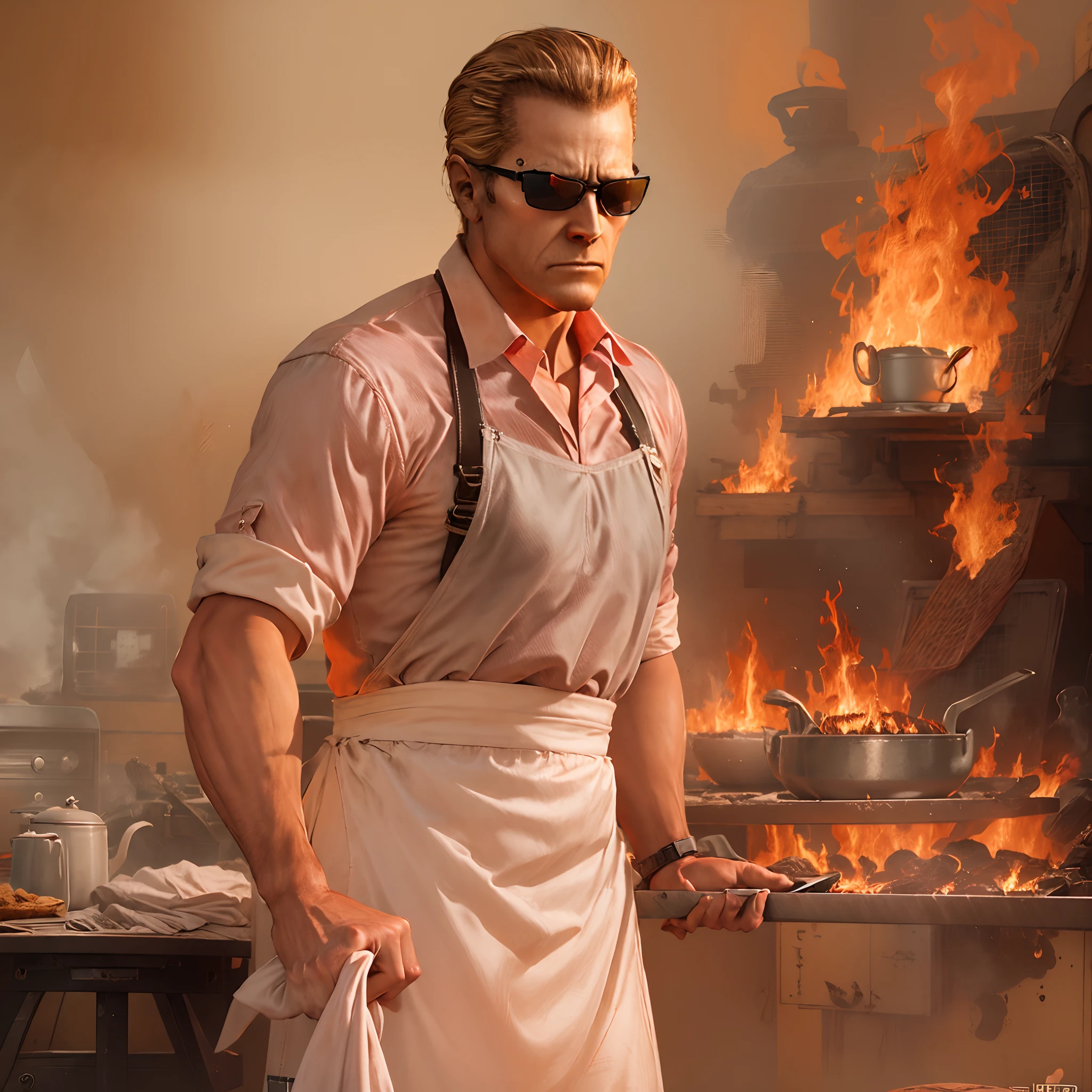 Wesker, middle aged man, hair slicked back, vintage sunglasses, wearing black pants, white polo shirt, in a vintage clkitxhen, wearing pink frilly apron, looking angry, looking concerned, everything is on fire, food is burning
