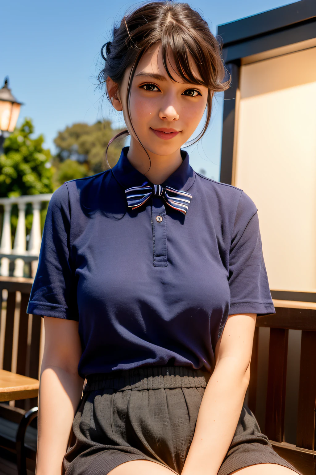 (8k, RAW photo, best quality, masterpiece:1.2), (realistic, photo-realistic:1.37), ultra-detailed, 1 girl,cute, solo,beautiful detailed sky,detailed cafe,night,sitting,dating,(nose blush),(smile:1.1),(closed mouth), medium breasts,beautiful detailed eyes,(collared shirt:1.1), bowtie,pleated skirt,(short hair:1.2),floating hair