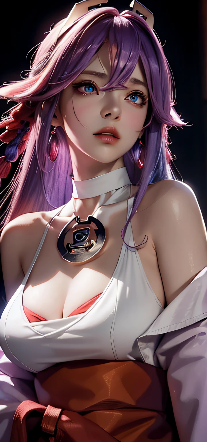 （tmasterpiece，Need，1girll，Solo，The details are complex，color difference），photorealestic，（（Medium breath）），cropped shoulders，Medium milk，Raised sexy，Naruto，Hinata Hinata，Long powder blue hair，head gear，Red highlight，Hair above one eye，Purple eye，耳Nipple Ring，sharp look，Perfectly symmetrical figure，choker necklace，Neon shirt，Open jacket，high-necksweater，against a wall，brick walls，scribbles，dim murky lights，alley，looking at viewert，（（Mean streak，Cleavage is seductive，big breasts enchanting）），（（（sakurabackground))),(((Japanese temple background))), (((Glow-in-the-dark background)))
