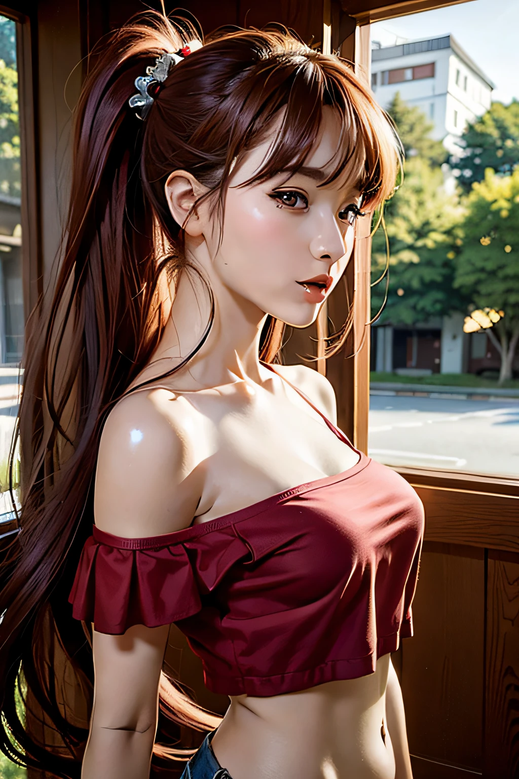 ((Mary jane watson from marvel comic series)) ((beautiful face)) (red lips) ((big bright eyes)) ((long redhead hairstyle with side bangs)) ((very huge breasts)) (perfect slim body) ((wears tiny string thong with spiderman logo print)) ((choker)) ((posing sexy on apartment balcony)) (high definition, dynamic lights and shadows) ((masterpiece)) (8k) (perfect face) (best quality) (perfect hands and eyes) ((NSFW: 1.45)) ((Topless: 1.5))