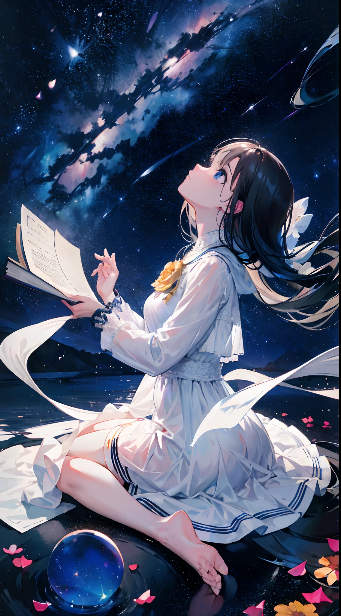 Ray tracing,{Best quality}, {{Masterpiece}}, {A high resolution}, Original, Extremely detailed 8k wallpaper, {An extremely delicate and beautiful},,incredibly_absurderes,Colorful,intricately details,art book,,(1girll),(Gaze at the stars:1.5),(From the side Side),(Wide shot),(sat on the ground),(looks away), (Looking up),(own hands together),