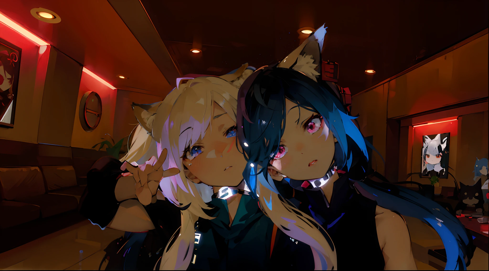 anime characters in a dimly lit room with red lights, vrchat, anime style. 8k, anime style 4 k, anime style mixed with fujifilm, 2 d anime style, va-11 hall-a, krenz cushart and asher duran, anime vibes, from arknights, two beautiful anime girls, anime girl with cat ears