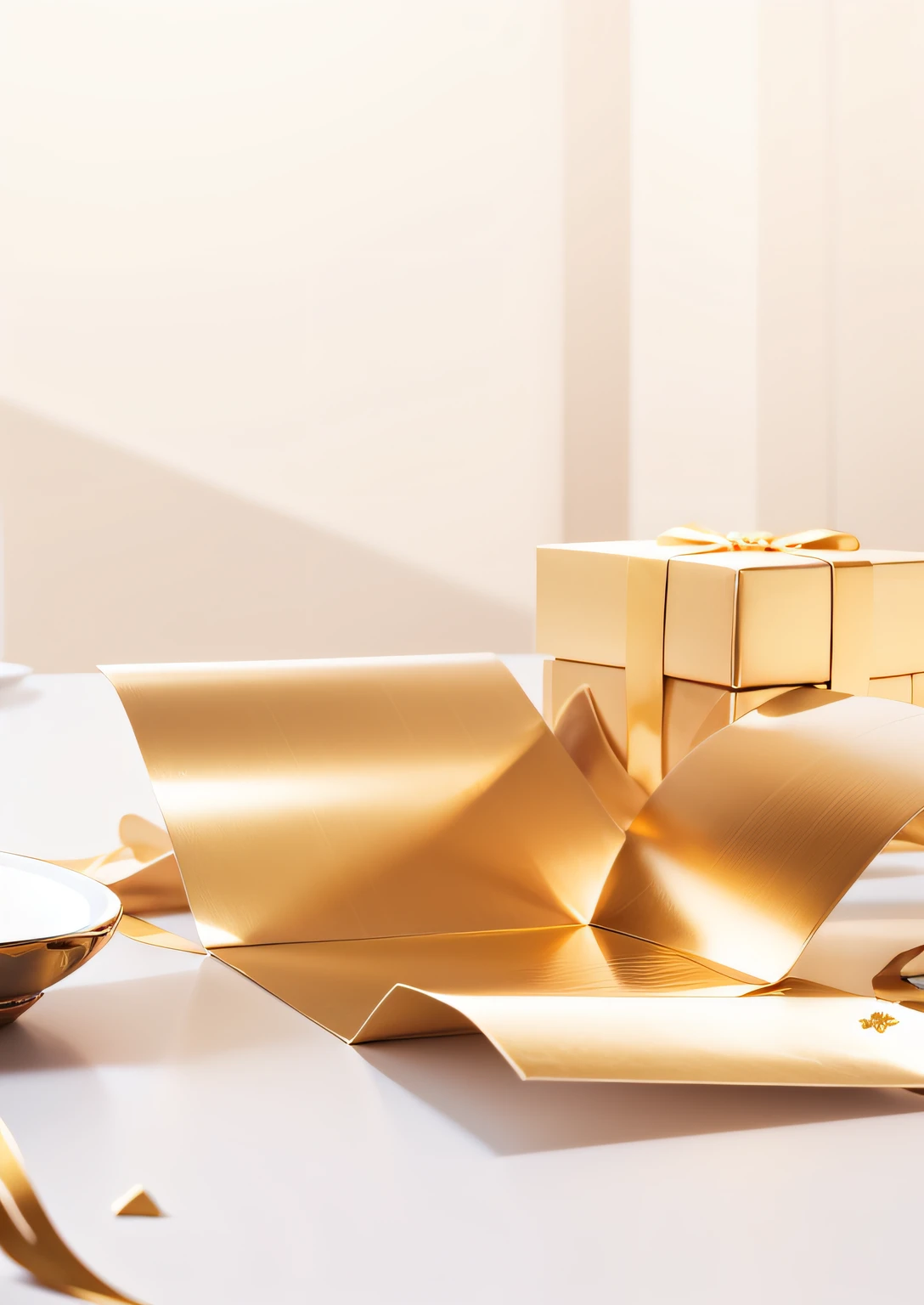 On the white table top there is a golden open gift box,There are golden ribbons floating around,High quality sense,photorealestic,the detail,4K,Look up at the perspective,White wall on background,Open the gold gift box,The gold gift box does not have a lid