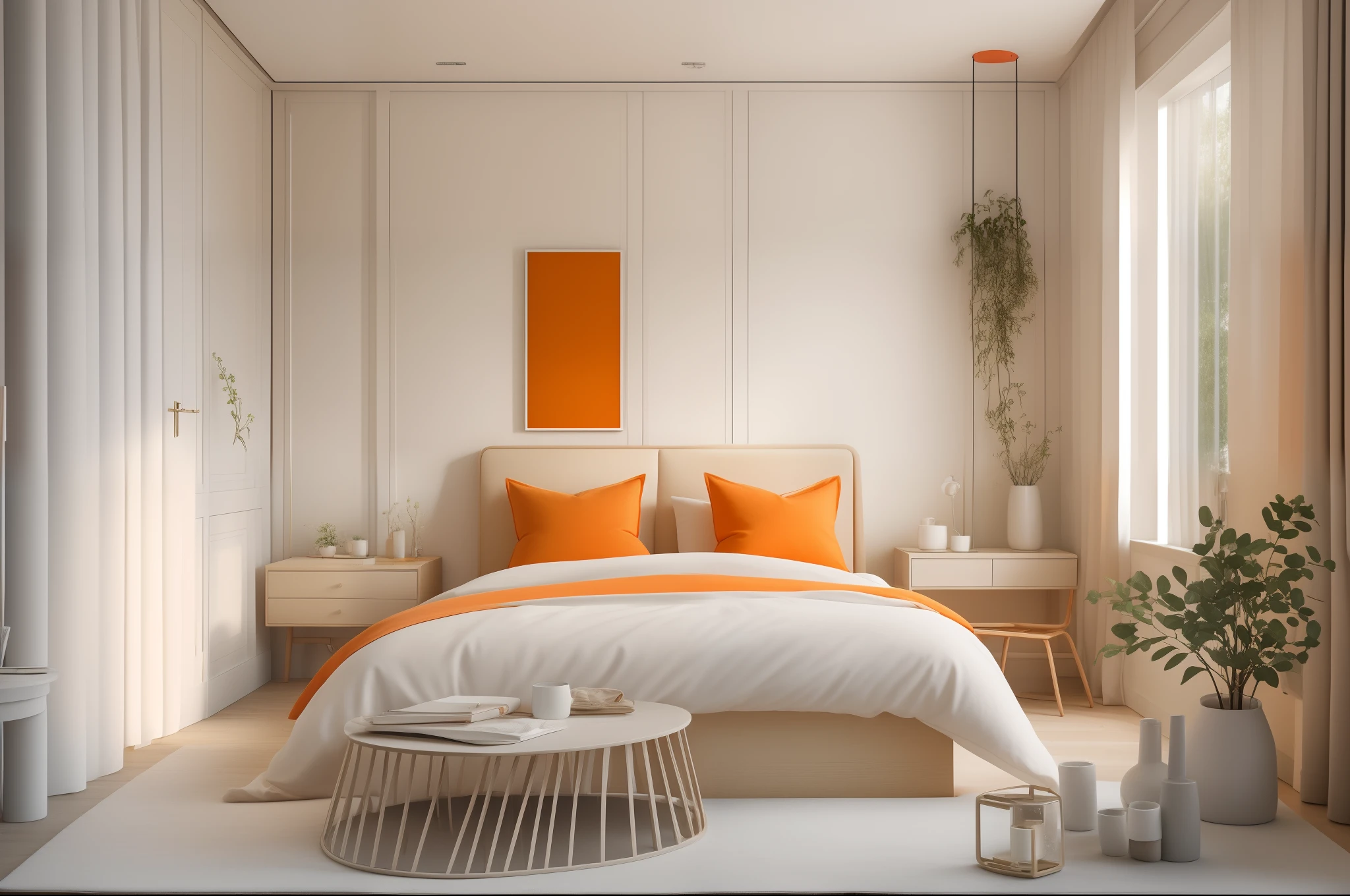 ((best quality)),((masterpiece)),((realistic)),bed room,Modern minimalist Nordic style,Soft light,Pure picture,(Bright colors:1.2),Symmetrical composition,orange theme