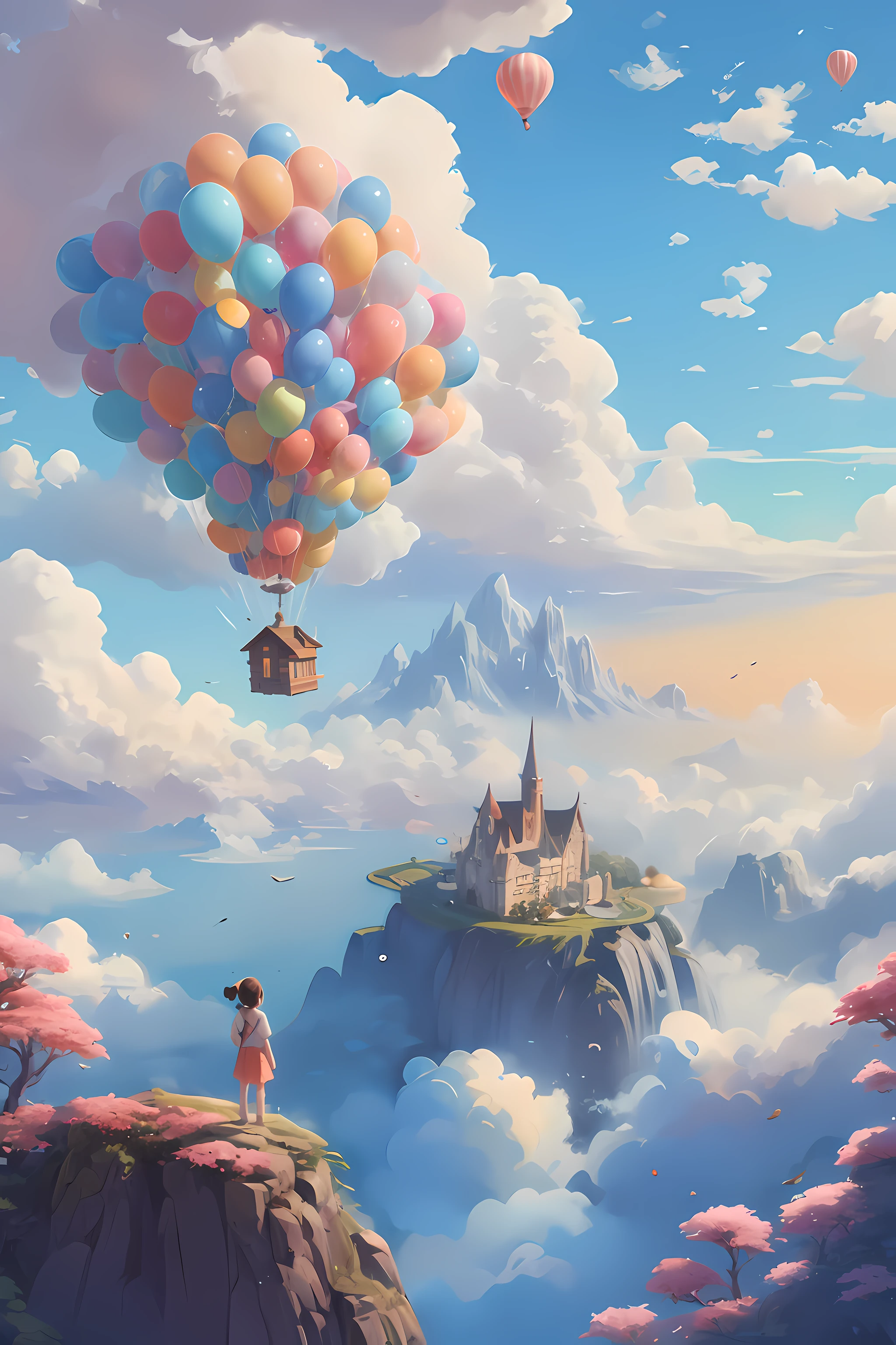 Magnificent waterfall,Shinkai Makoto Sky City style,Magical realism style,Artie Guéran 8K,A beautiful artistic illustration,Up,childrens art in artstation,Inspired by Cyril Rolando,whimsical fantasy landscape art。