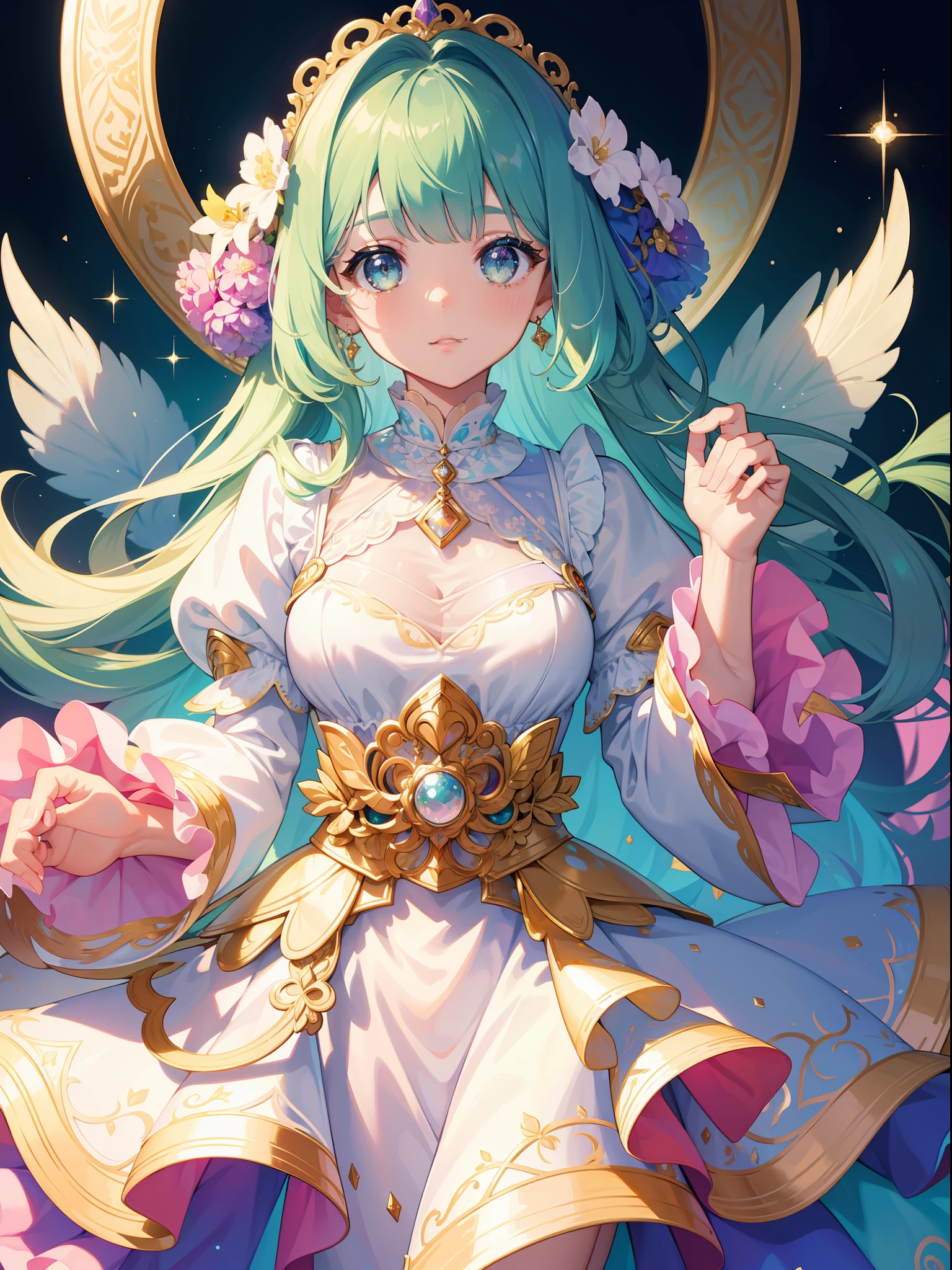 masterpiece, best quality, 8k resolution, sharp focus, intricate detail, beautiful girl, sparkling eyes, golden ratio face, otherworldly liquid, watercolor, pastel colors, bright colors, whimsical, colorful, sharp focus, high resolution, fine detail, ((layered tiered puffy long sleeves ballgown)), ((round eyes)), iridescent bubbles, fantasia background