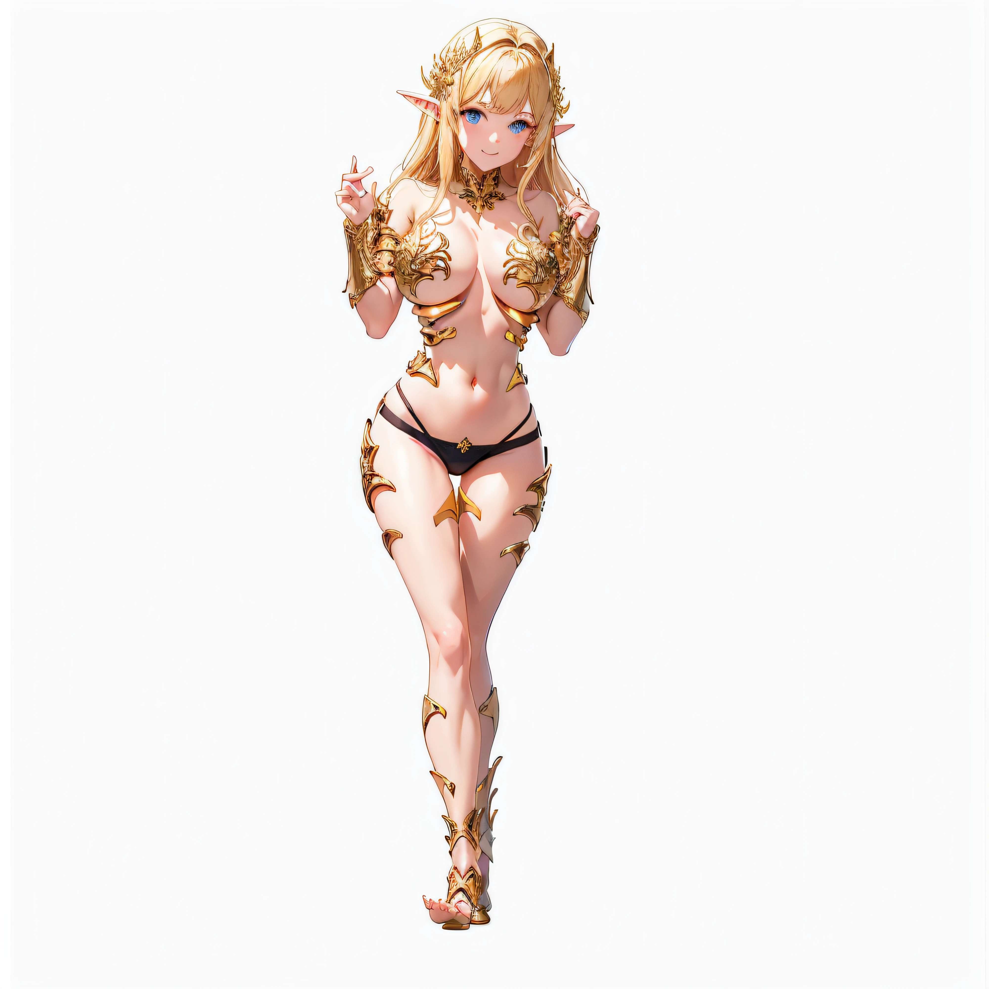 ​masterpiece、top-quality、Full body like、golden armour、fullnude、Anime girl with very big breasts posing naked、very big boobs、Hide your with your hands、elvish、no-bra、Blonde blue-eyed、A smile