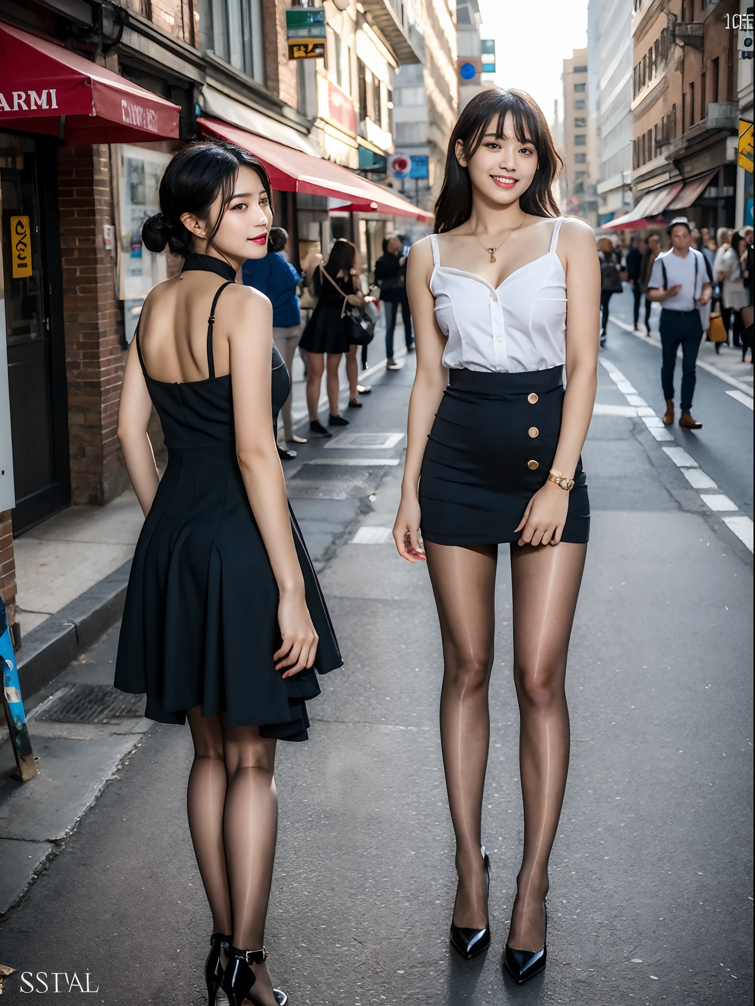,(RAW photo:1.2), (Photorealistic:1.4),Beautiful Meticulous Girl, very detailed eyes and faces, Beautiful detailed eyes, ultra - detailed, A high resolution, The is very detailed,best qualtiy,1个Giant Breast Girl,tmasterpiece,Beautiful outfit,a skirt,illustratio,The is very detailed,unified,8k 壁纸,finely detailled,tmasterpiece,best qualtiy,1个Giant Breast Girl,16 yaers old,Hipster girl,(Camel toes),(full bodyesbian),are standing,1girll,solo person,lacepantyhose,Black color hair,black color dress,shift dresses,long whitr hair,full bodyesbian,looking at viewert,无袖,thongs,black pantyhoses、ssmile,are standing,sleevelessdress,high-heels,bshoulders,Black shoes,Urban skirt,the street