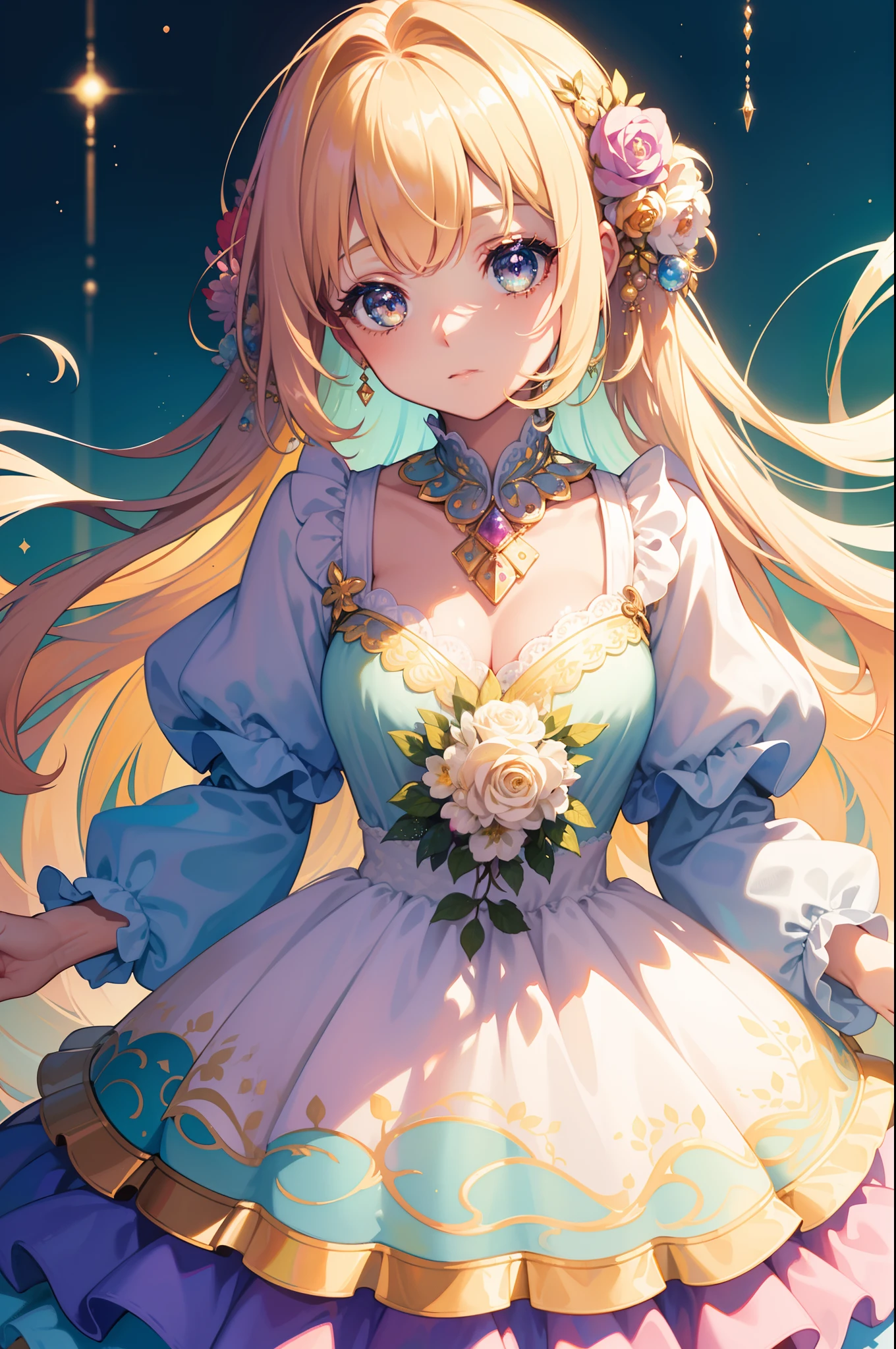 masterpiece, best quality, 8k resolution, sharp focus, intricate detail, beautiful girl, sparkling eyes, golden ratio face, otherworldly liquid, watercolor, pastel colors, bright colors, whimsical, colorful, sharp focus, high resolution, fine detail, ((layered tiered puffy long sleeves ballgown)), ((round eyes)), iridescent bubbles, fantasia background