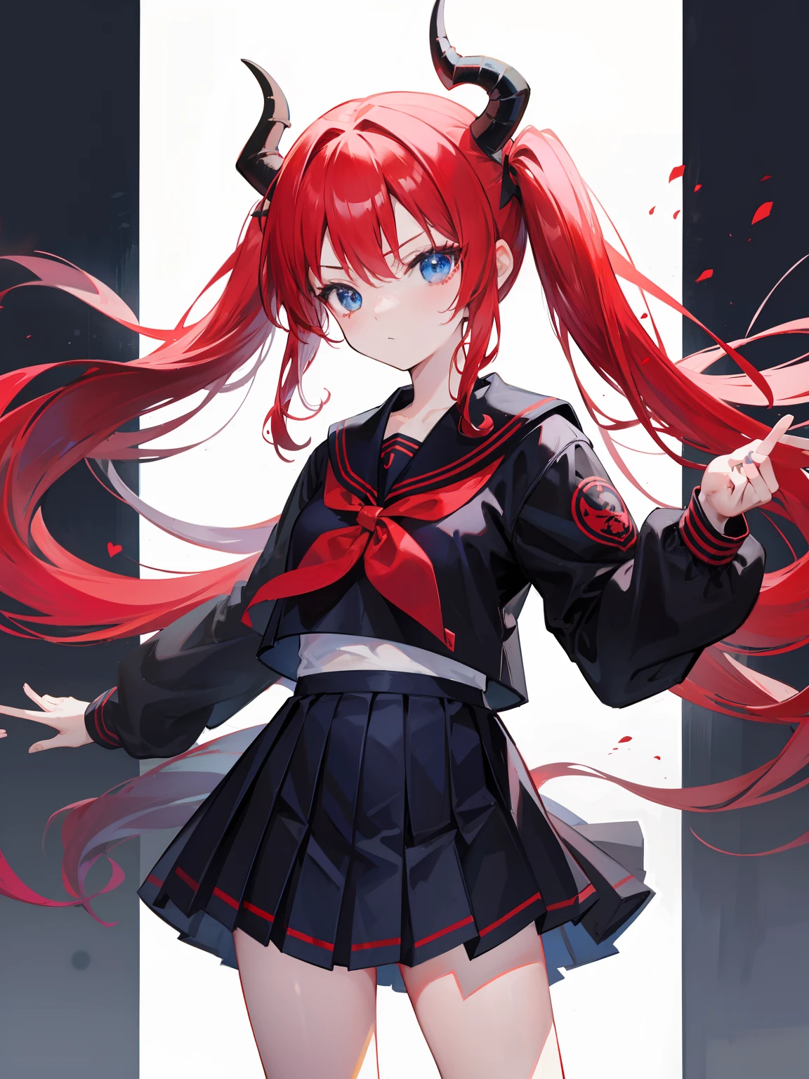 red hair, blue eyes, twintails, Sailor suit,black coat, Dragon horns,Pleated skirt,solo,li,cute,bow