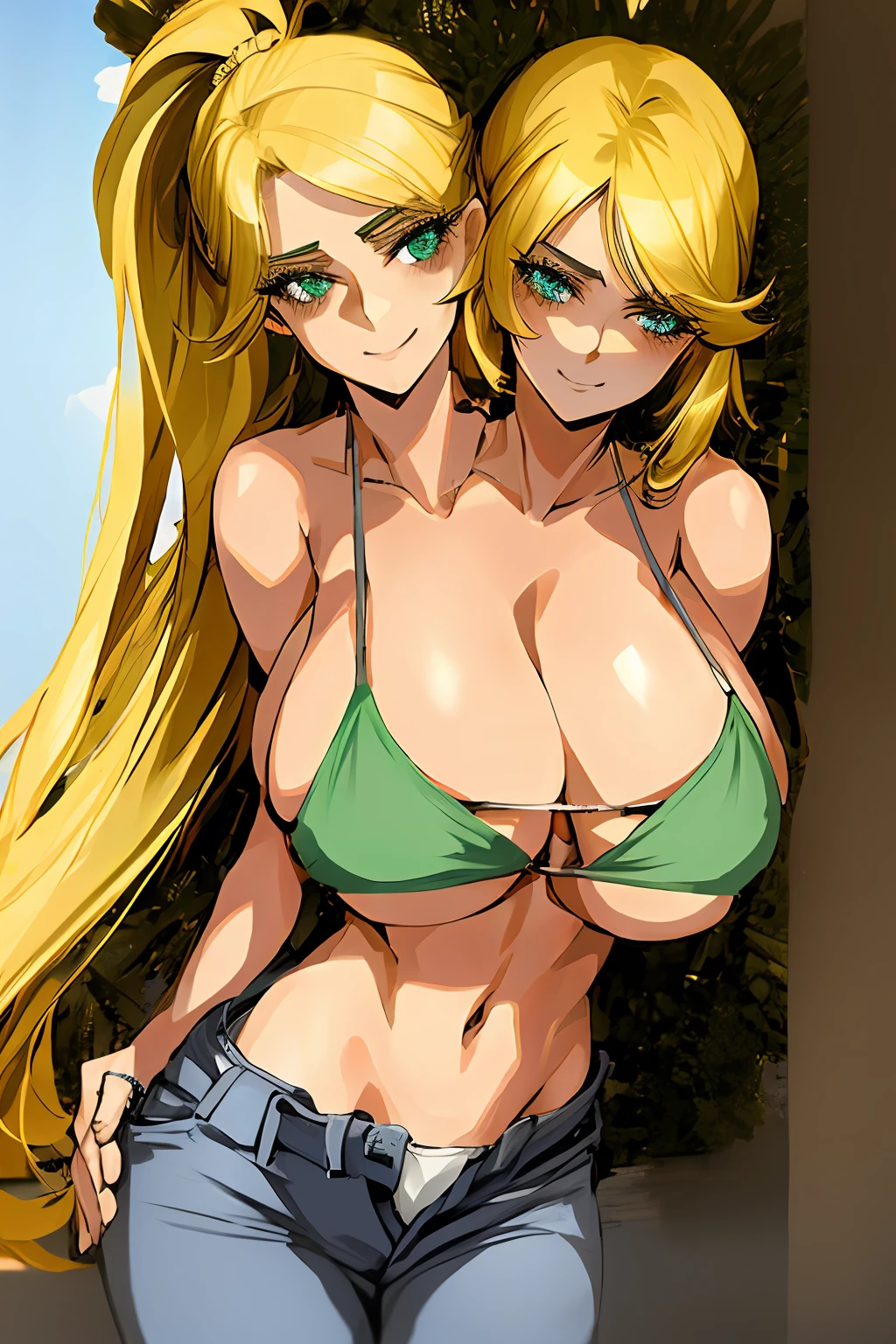 2heads, a short skinny woman with 2 heads. She has enormous breasts. She is outside in the summer. She is wearing a tight green small bikini top and jeans. She has gigantic breasts. She has long blonde hair. She is smiling. She is blushing. She has enormous breasts. Her breasts are very circular and round. She looks seductive. Her breasts are extremely huge and circular, her breasts are massive and round. Her hair is in a long ponytail.