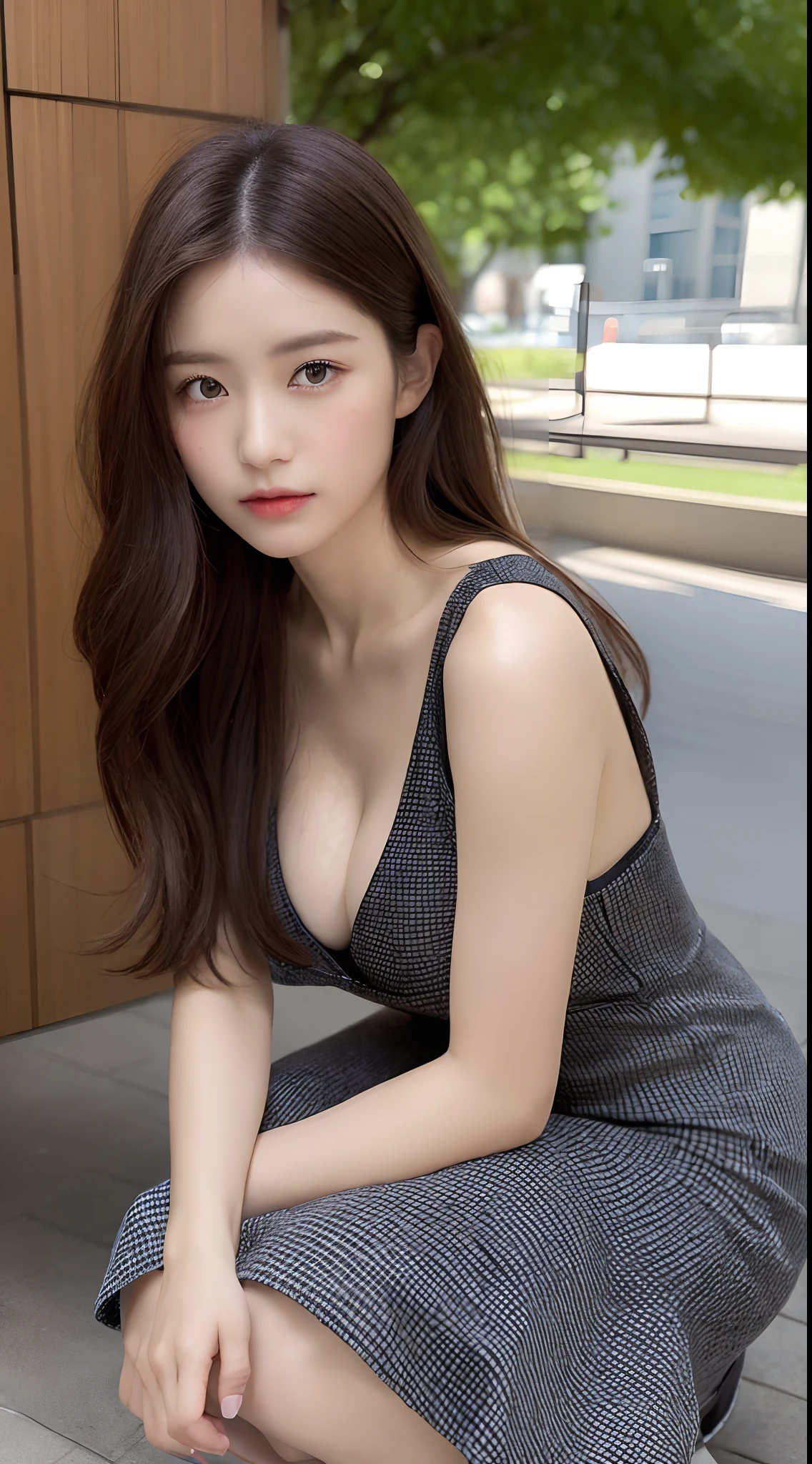 ((top-quality、8k、masterpiece: 1.3))、sharp: 1.2、Perfect body beauty: 1.4、Slender abs: 1.2、1 girl, ((Layered Hair Style、huge tit: 1.5))、(Bandeu dress black: 1.1 )、a park、Highly detailed face and skin textures、A detailed eye、二重まぶた、long brown hair、Thin dress、Hands behind、crouching down、Slightly exposed panties、Exposed cleavage。