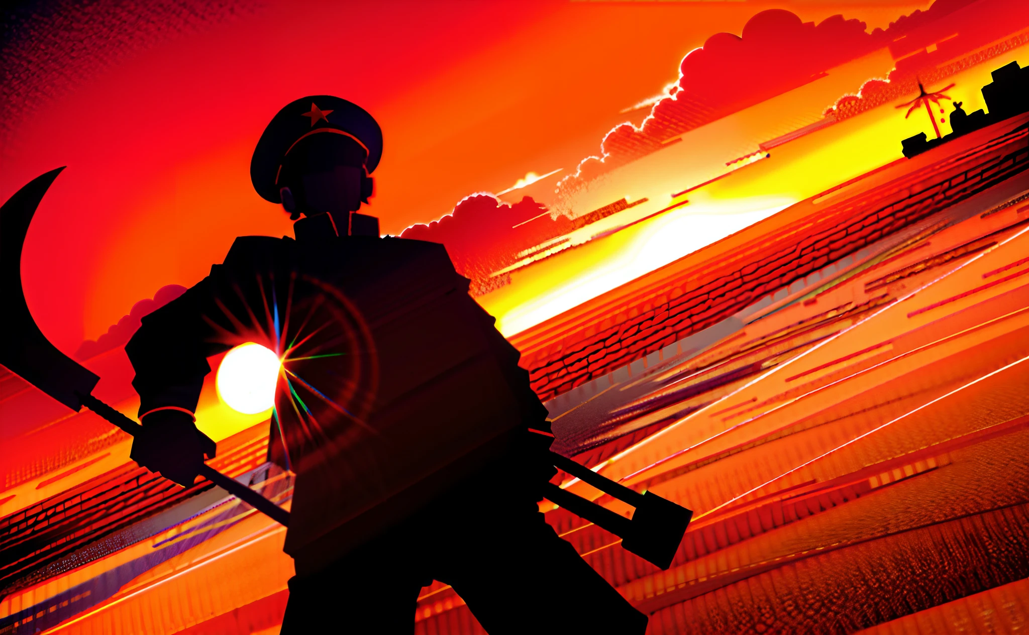 Communist Earth，wide wide shot，Sickle hammer，setting sun，Red sky，epic sense，Sense of grandeur